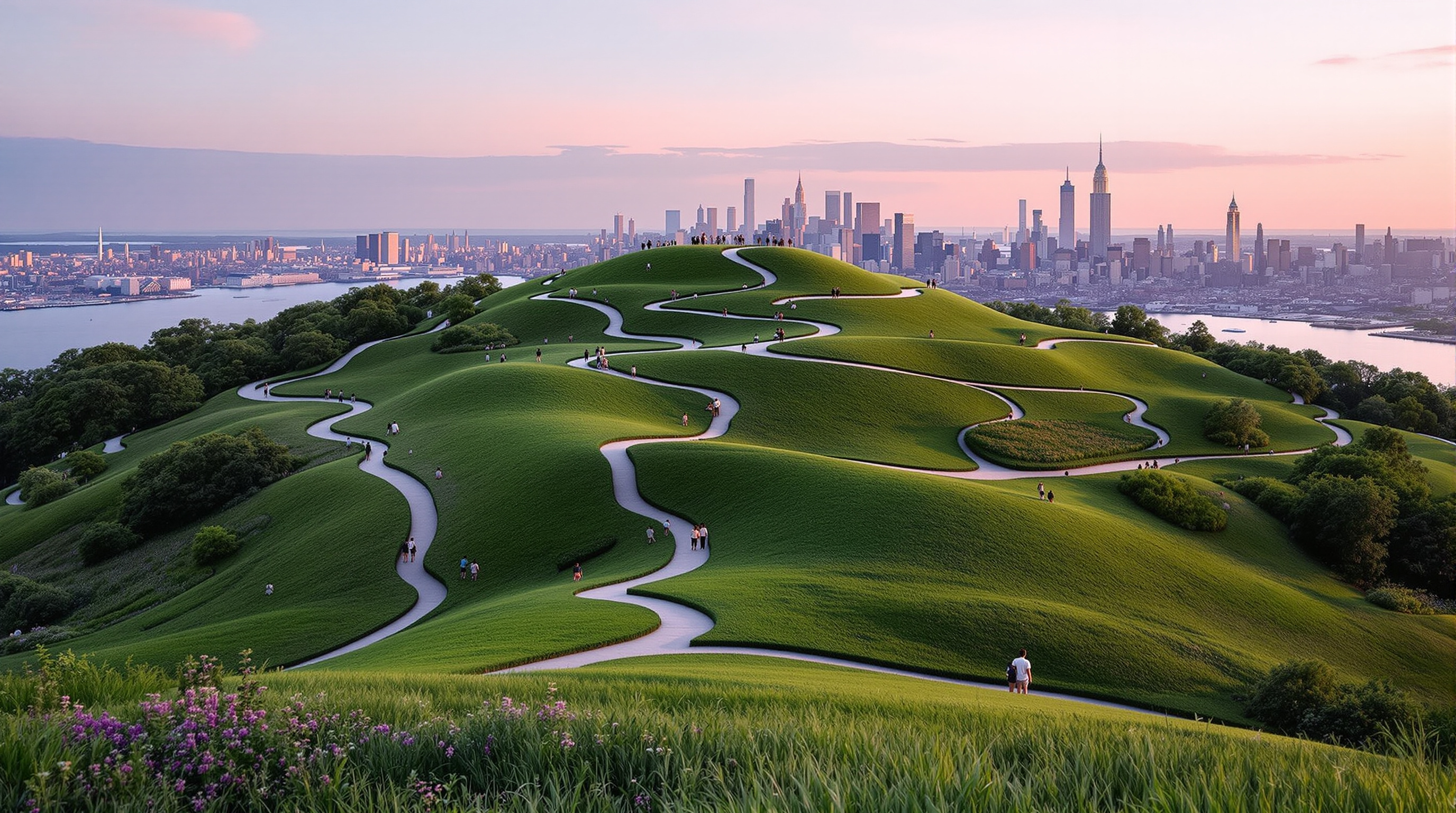 The undulating green summit of Little Island crowded with visitors on a summer evening, winding paths and wildflower banks rising over the Hudson River with the Manhattan skyline and a pink sky behind