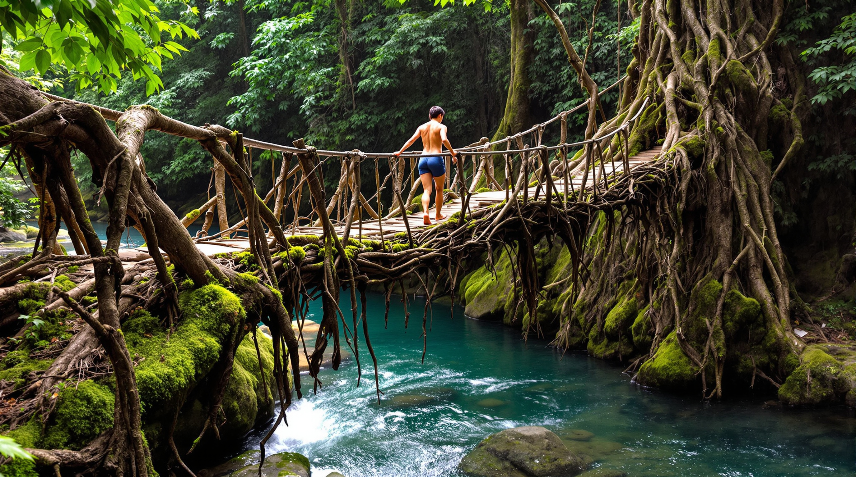 A person walking barefoot across a single-span living root bridge in Meghalaya, gripping a handrail made of thick living roots, the mossy interwoven root deck spanning a clear stream below with dense monsoon forest all around