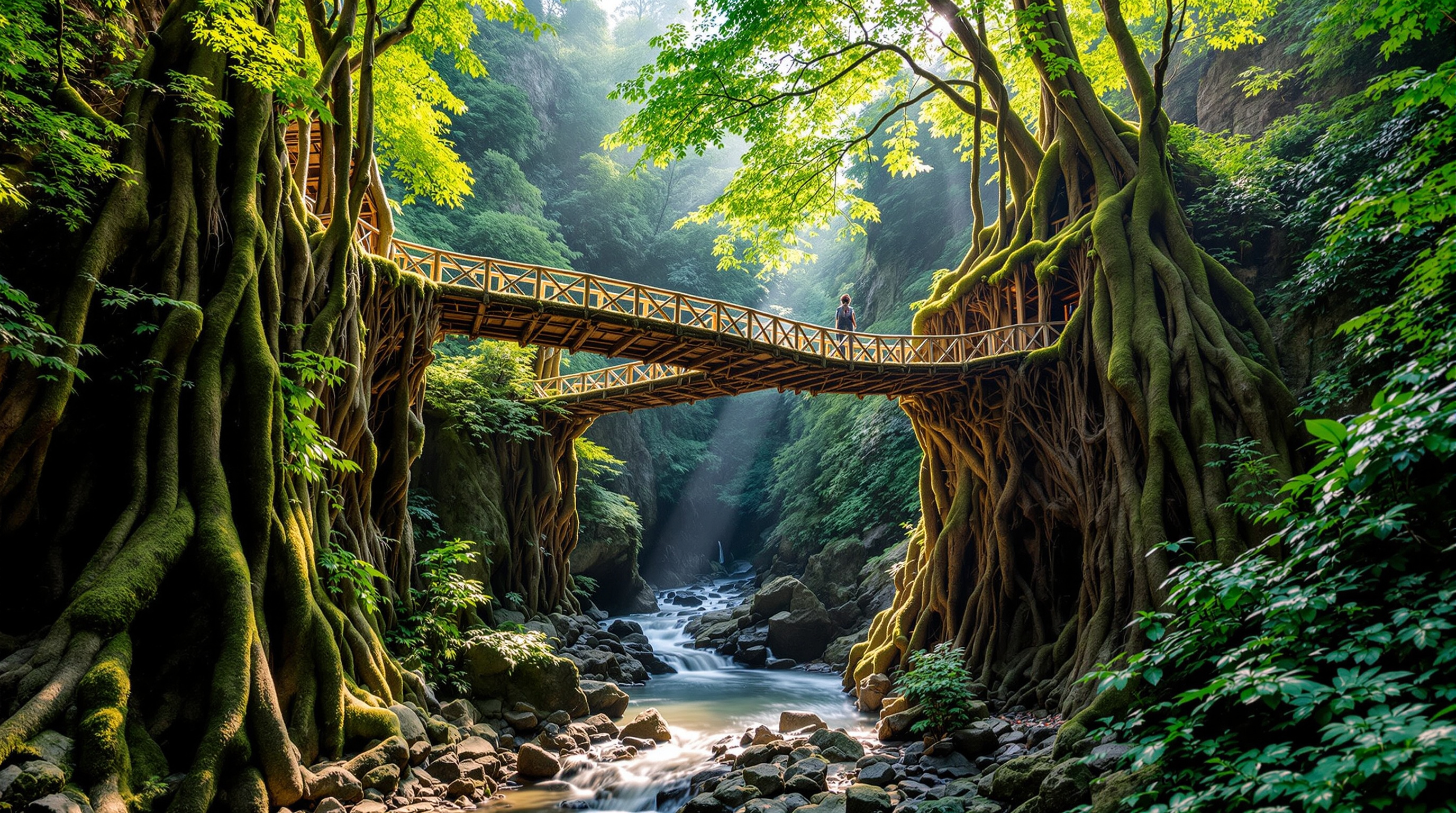 The famous Umshiang double-decker living root bridge near Nongriat village, two stacked tiers of thick moss-covered rubber-tree roots spanning a rocky river gorge, sunlight filtering through the surrounding subtropical rainforest canopy