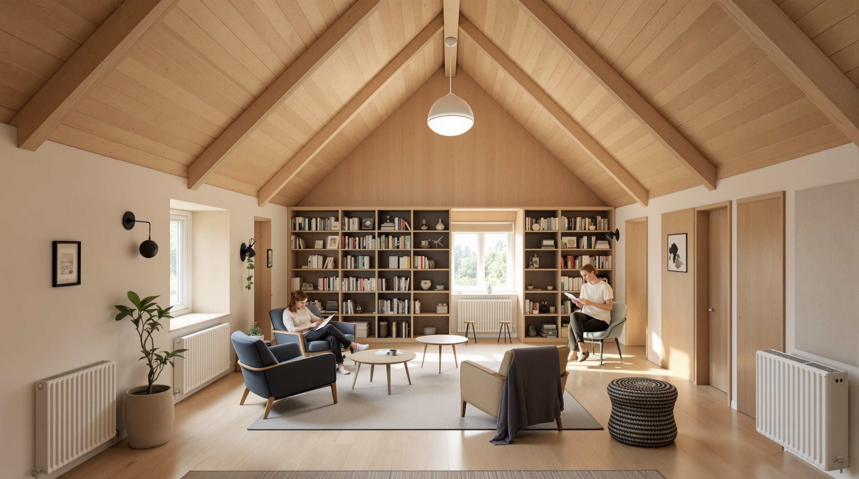 Interior of a Livsrum house: a warm double-height room under an exposed pitched timber ceiling, pale wood floors, a built-in library shelf, soft daylight from a gable window, low domestic furniture, a person reading quietly in an armchair