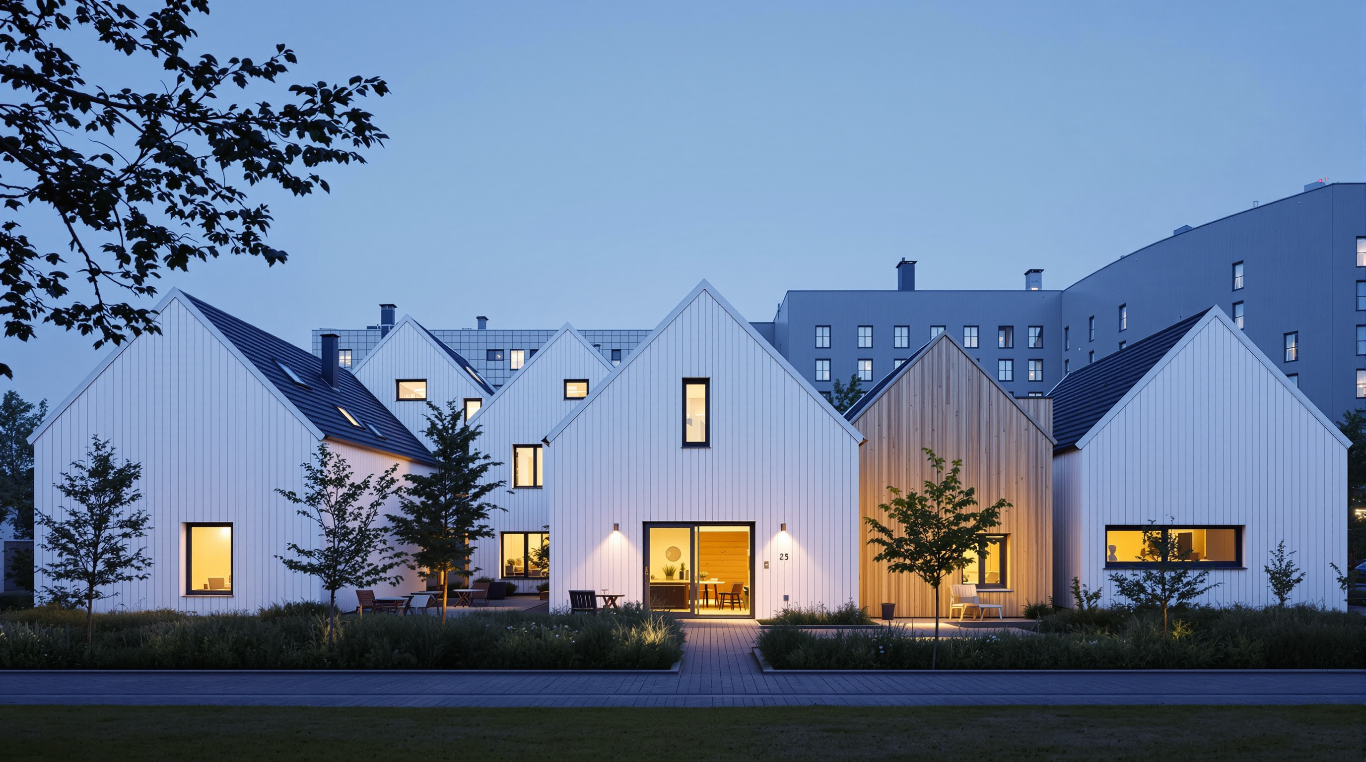 Exterior view of the Livsrum cluster at dusk: several white gabled houses of different heights, their fibre-cement skins glowing softly, a warm timber-lined entrance lit from within, a planted courtyard visible between the volumes, the large hospital block a cool grey presence behind