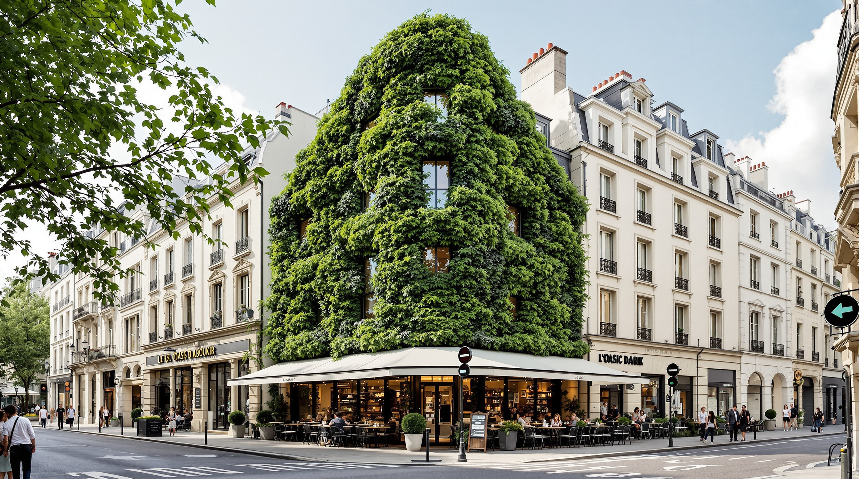 Wide street-level view of L'Oasis d'Aboukir on the Paris corner, pedestrians and cafe tables below the towering living green gable, the surrounding Haussmann-era stone facades making the vertical garden read as a lush intrusion of forest into the dense city
