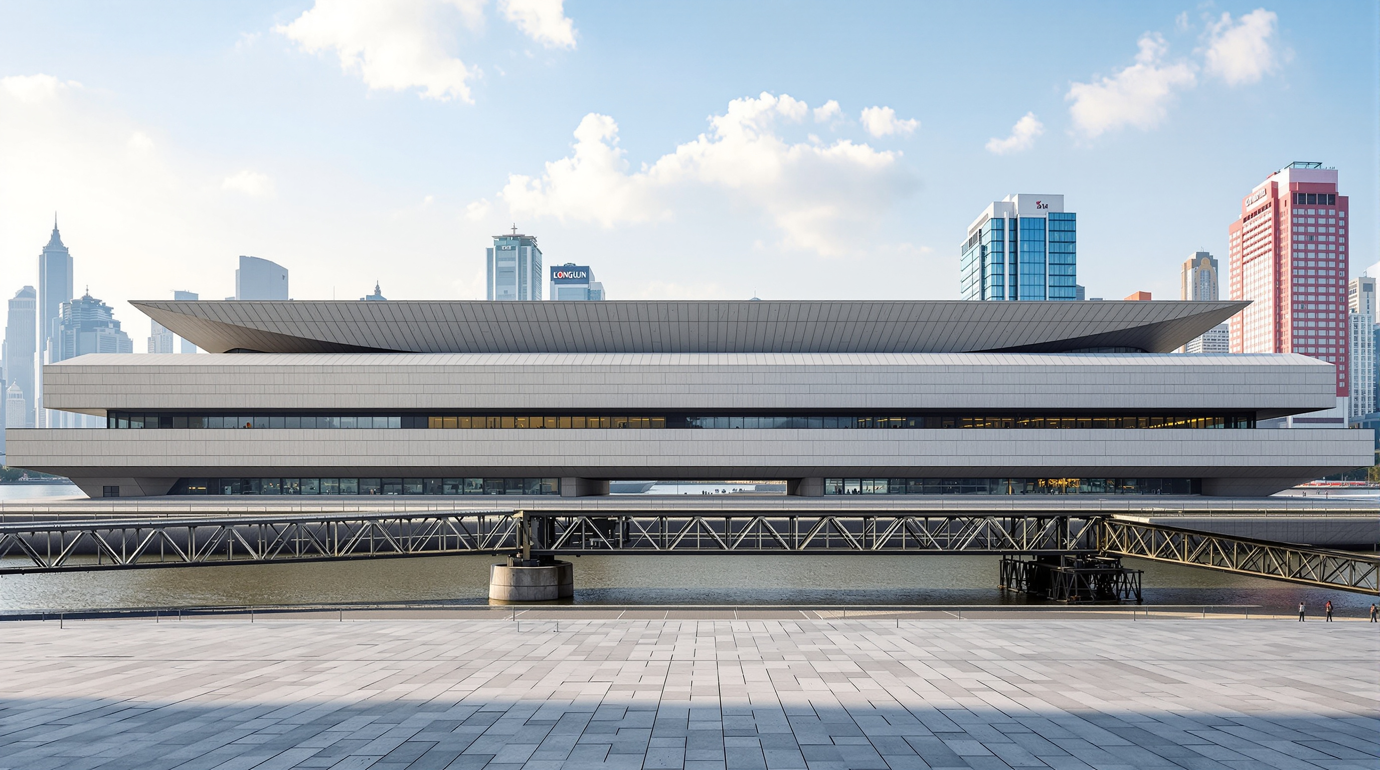 Exterior view of the Long Museum West Bund along the Huangpu River waterfront, low horizontal grey concrete masses with the curved vault edges visible at the roofline, the preserved 1950s coal-hopper conveyor bridge standing on the open riverside plaza in front, Shanghai's high-rises across the water