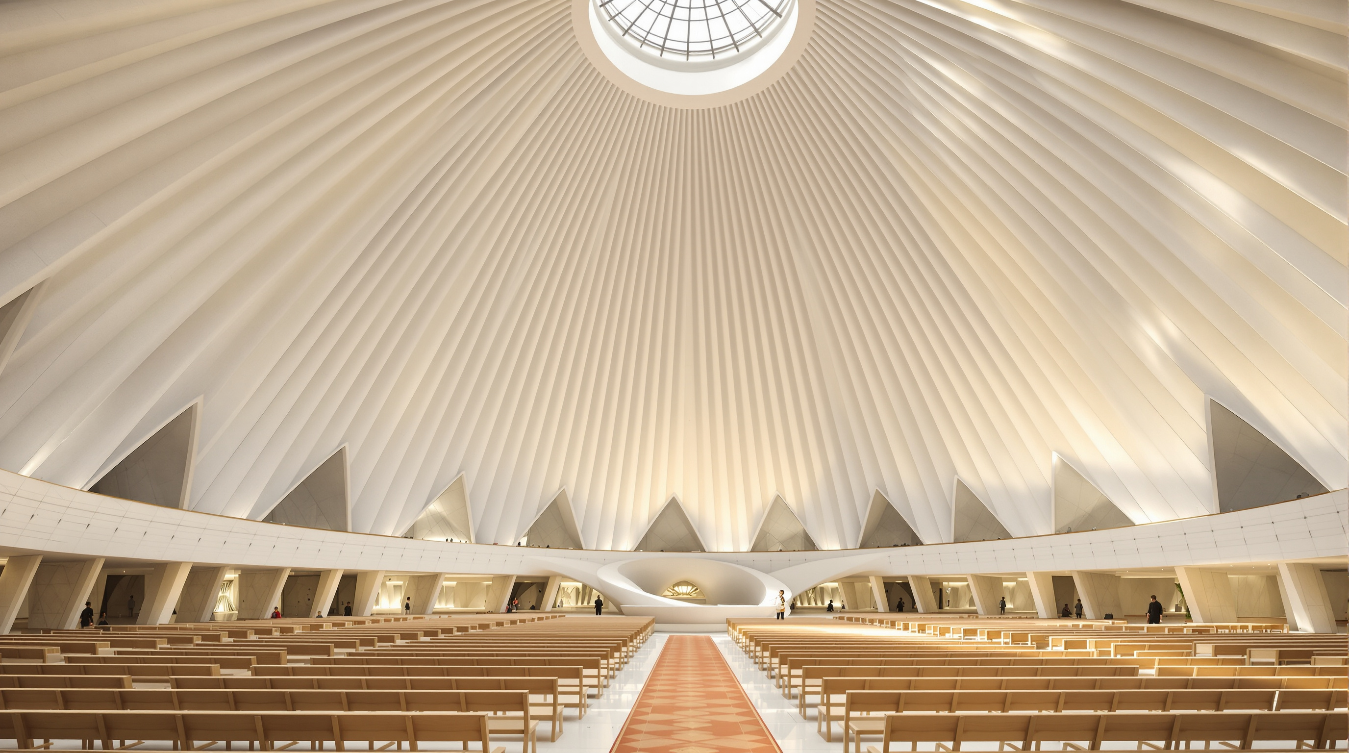 Interior of the Lotus Temple's central prayer hall, a vast white ribbed cavern of curved concrete leaves rising to a glazed apex, rows of pale wooden pews below, soft diffused daylight washing down the marble-lined shells