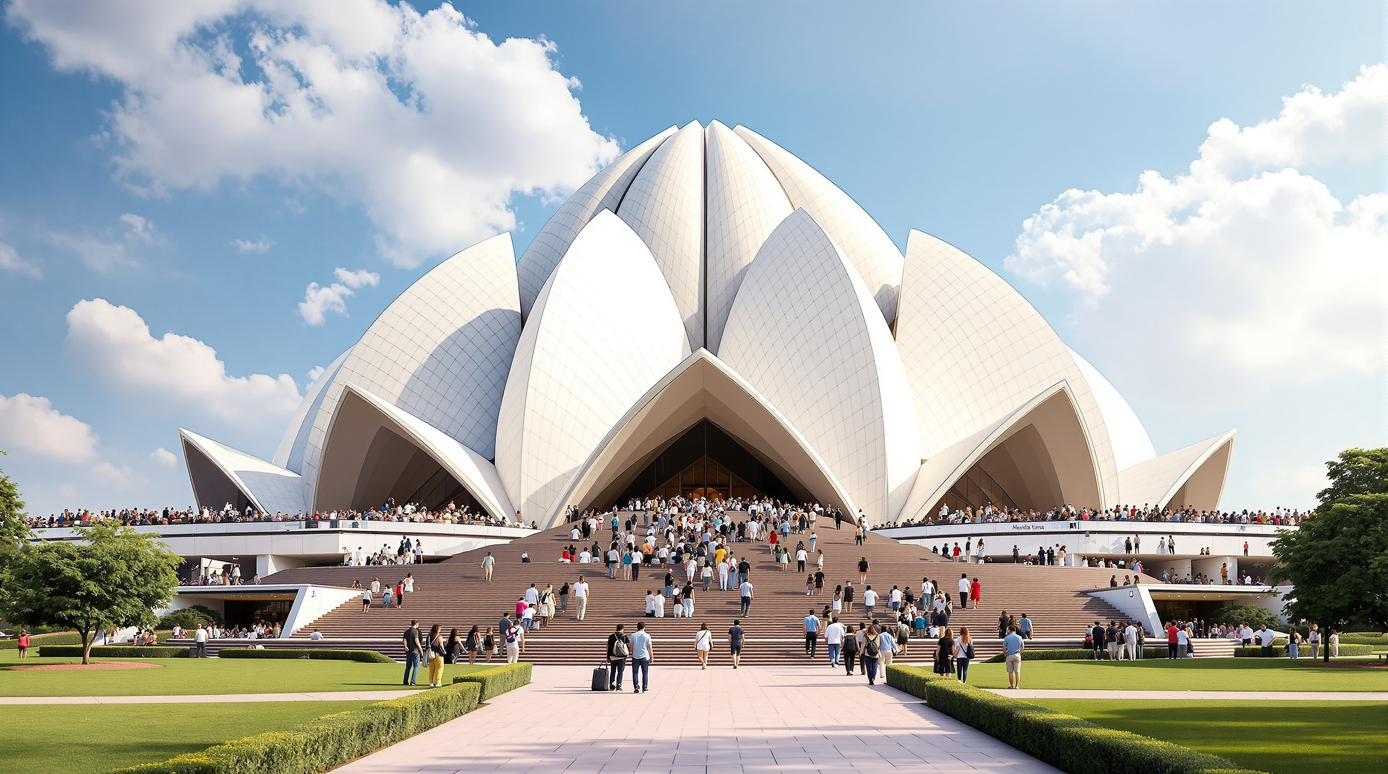 The Lotus Temple seen across its wide entrance stairway and lawns by day, the crisp white petals gleaming against a bright sky while crowds of visitors of many faiths ascend the terraces toward the nine open doors
