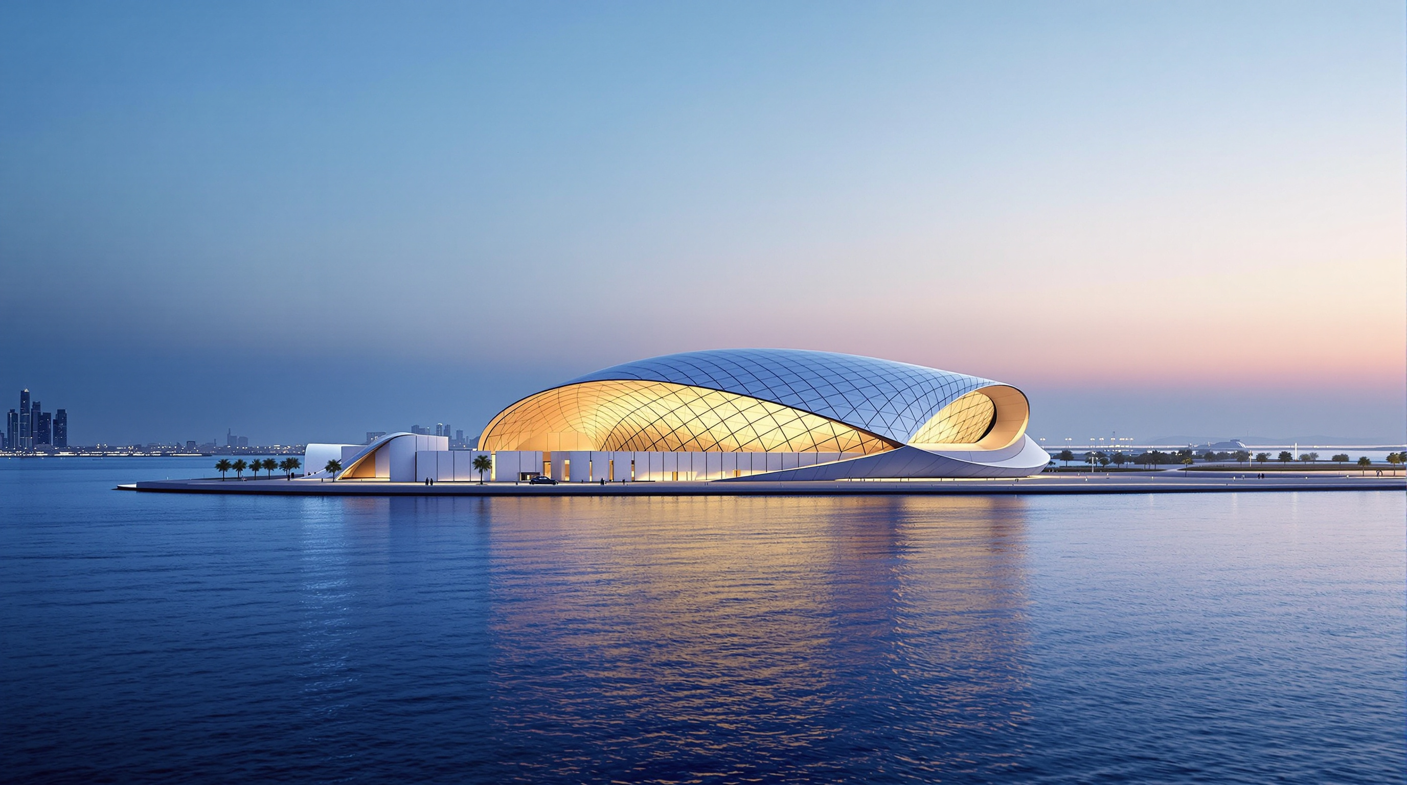 Wide dusk view of the Louvre Abu Dhabi from across the water, the shallow silver dome glowing above the cluster of white gallery blocks, its underside lit by the last daylight while the museum-city lanes fall into shadow