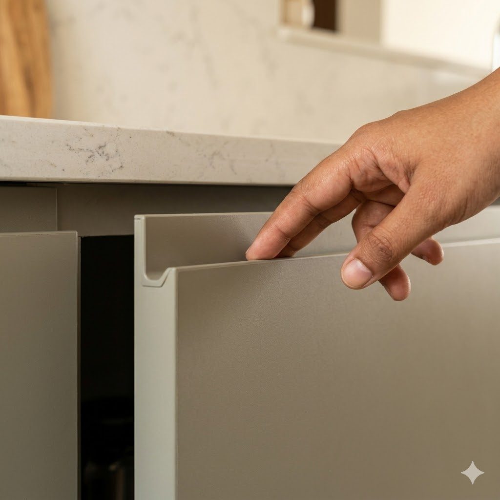 A handle-less matte mid-tone laminate kitchen shutter being opened with a fingertip at the J-profile pull on its top edge — the matte surface visibly resisting fingerprint smudges where it has been touched, the adjacent quartz counter softly out of focus