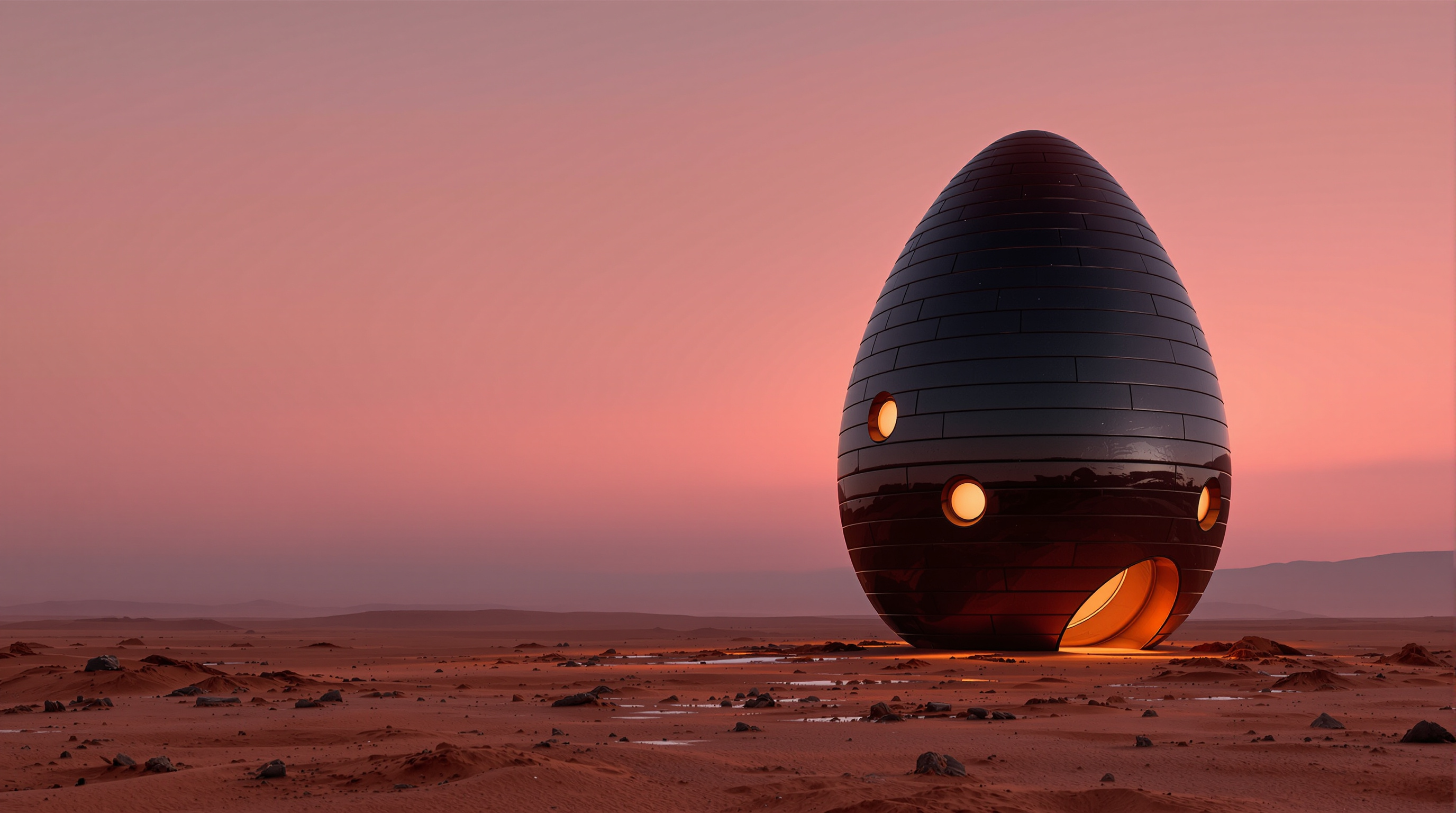 The MARSHA habitat by AI SpaceFactory standing on the rust-red Martian surface at dusk: a tall, slim, egg-shaped shell of dark basalt-composite printed in fine horizontal layers, three small round windows glowing warm from within, the pink Martian sky and distant dust behind it