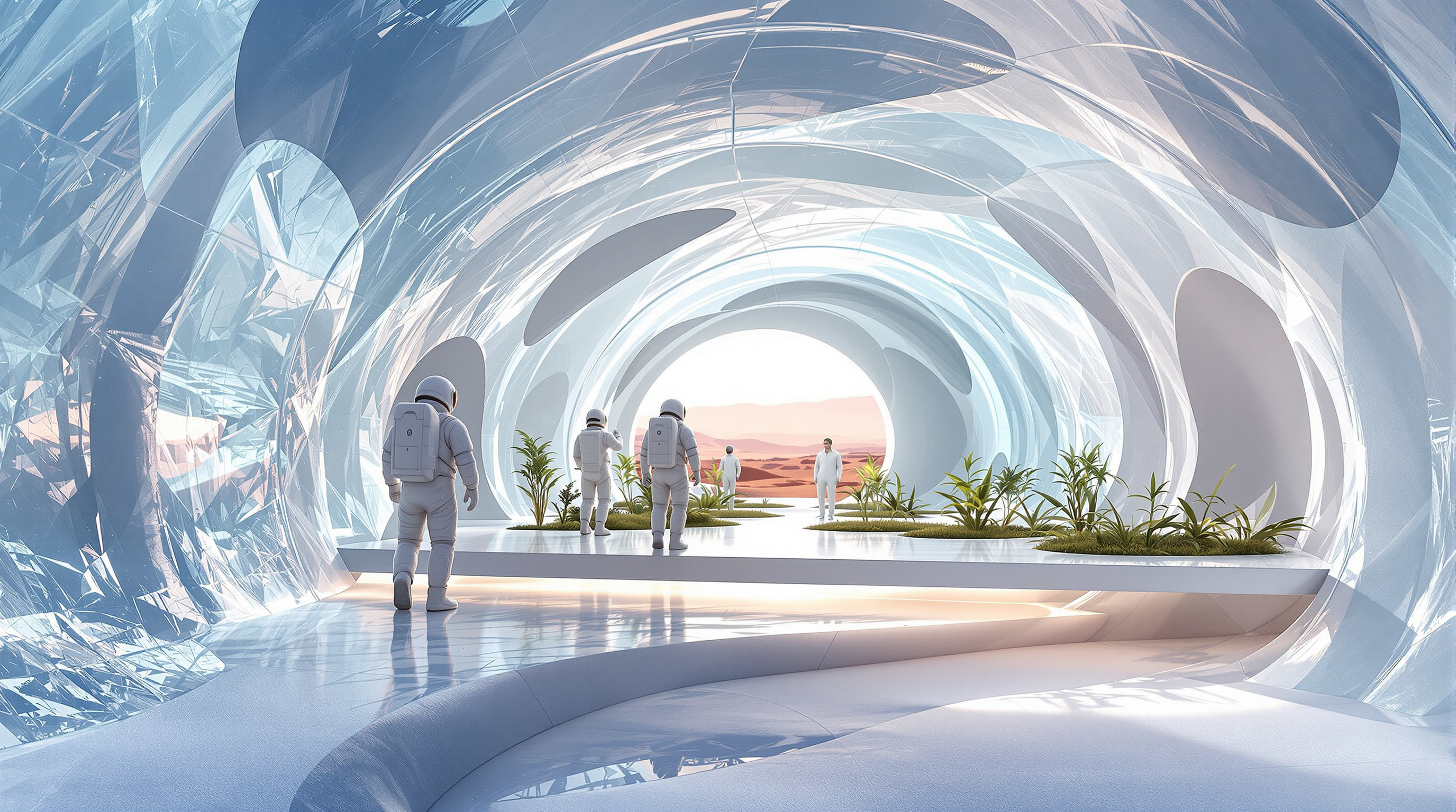 A cutaway view inside the translucent double ice shell of a Mars Ice House concept: astronauts in shirtsleeves standing on a raised interior deck, soft daylight glowing through the milky frozen-water walls, an inner pressurised membrane, a garden of green plants under the luminous dome, the red Martian landscape faintly visible through the ice