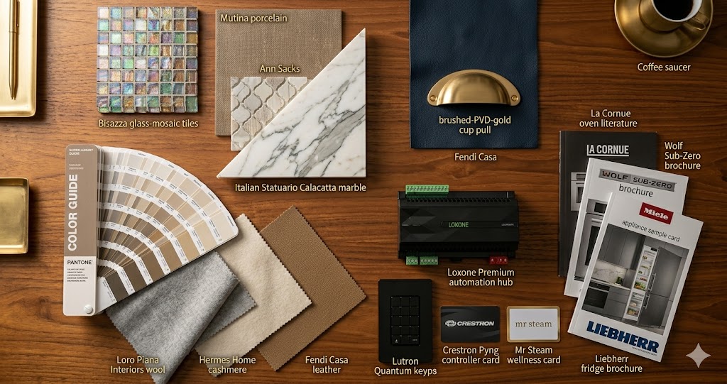 Materials palette: Italian Calacatta marble, smoked oak veneer, brushed brass, Loro Piana boucle fabric, Mutina ceramic, leather wall finish