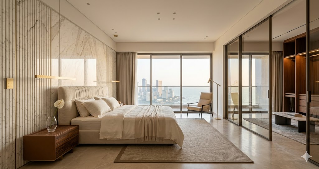 Photographic render of a 4800 sqft Lodha Altamount 4 BHK penthouse with imported Italian kitchen, Statuario book-matched feature wall, and Minotti seating around a Worli Sea Face view