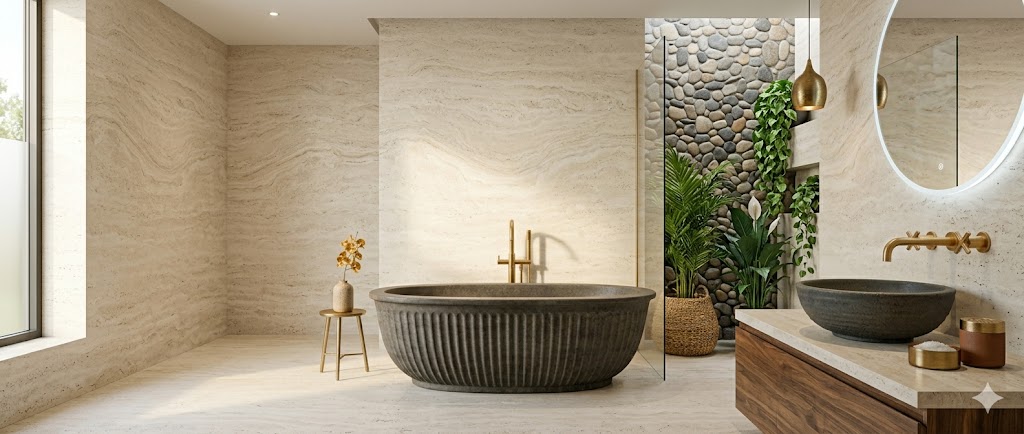 A biophilic moodboard bathroom with pale travertine walls and floor, a walk-in shower with a single river-stone feature wall, three tall plants (areca palm, peace lily, trailing pothos) integrated into the shower zone, a large window with privacy frosting on the lower half and a warm wood vanity