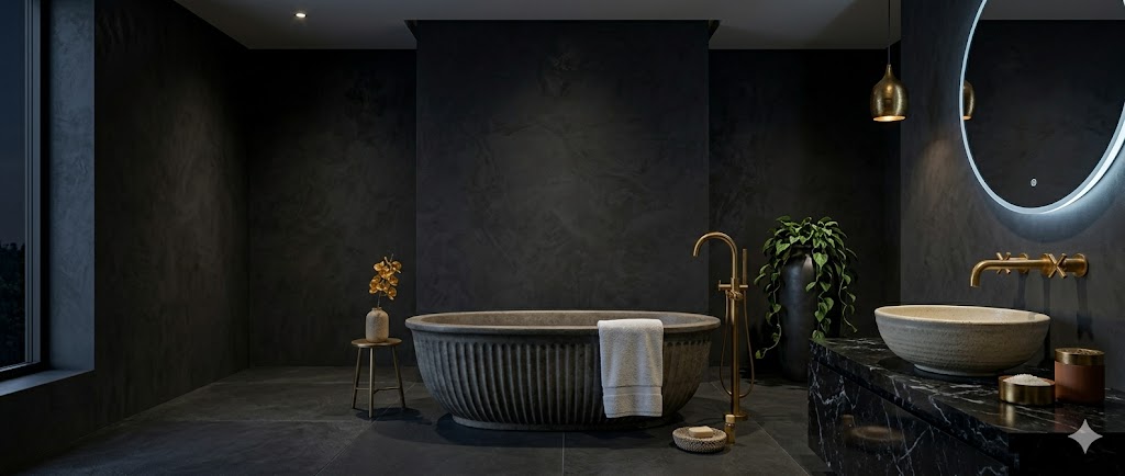 A dark-moody moodboard bathroom with deep charcoal microcement walls, a Black Marquina marble vanity counter, brushed black metal fixtures, a single brass accent pendant, a backlit round mirror and a tall trailing plant in a stoneware pot