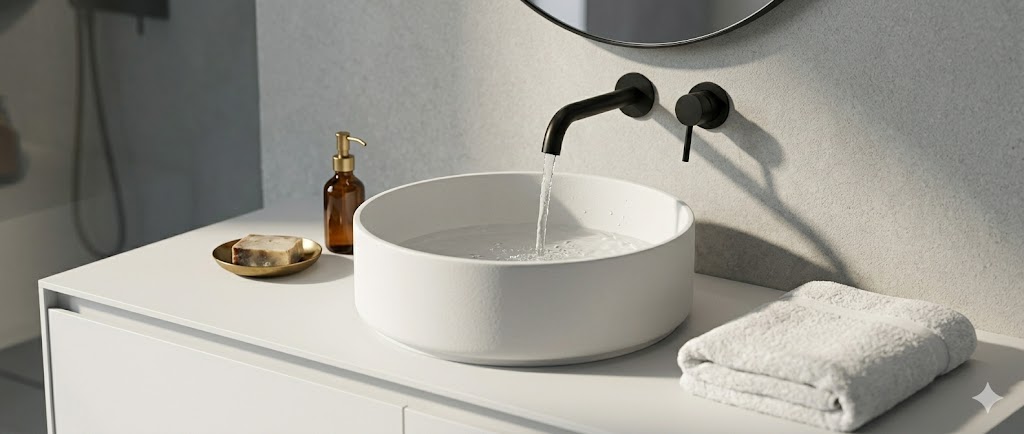 A macro photograph of luxury bathroom fixtures — a brass wall-mounted tap close-up with water flowing into a stoneware basin, the basin material and finish clearly visible, and a folded fluffy towel beside under warm overhead daylight