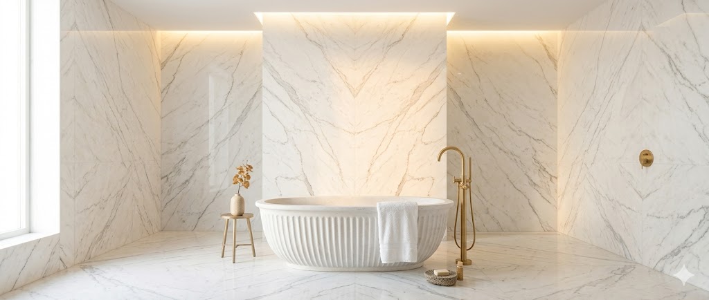 A marble-spa moodboard bathroom with full Statuario marble walls and floor, a freestanding stone tub, single brass floor-mounted tub filler, hidden cove LED above the tub washing marble veining downward and warm indirect daylight