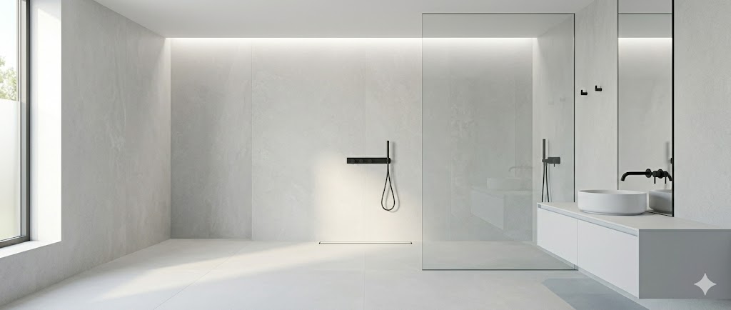 A modern-minimal moodboard bathroom with large-format pale grey porcelain slabs on walls and floor, a frameless walk-in shower, a wall-hung matte-white vanity with handleless drawers, a single round wall-hung basin, a slim full-height mirror, matte-black fittings and a hidden LED cove