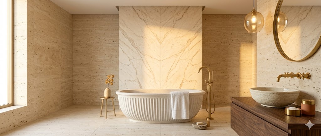 A stone-and-brass moodboard bathroom with honed travertine walls in warm cream tones, a brass wall-mounted basin tap with a stoneware basin, a walnut counter, brass-frame mirror, warm pendant overhead and an anti-skid stone floor