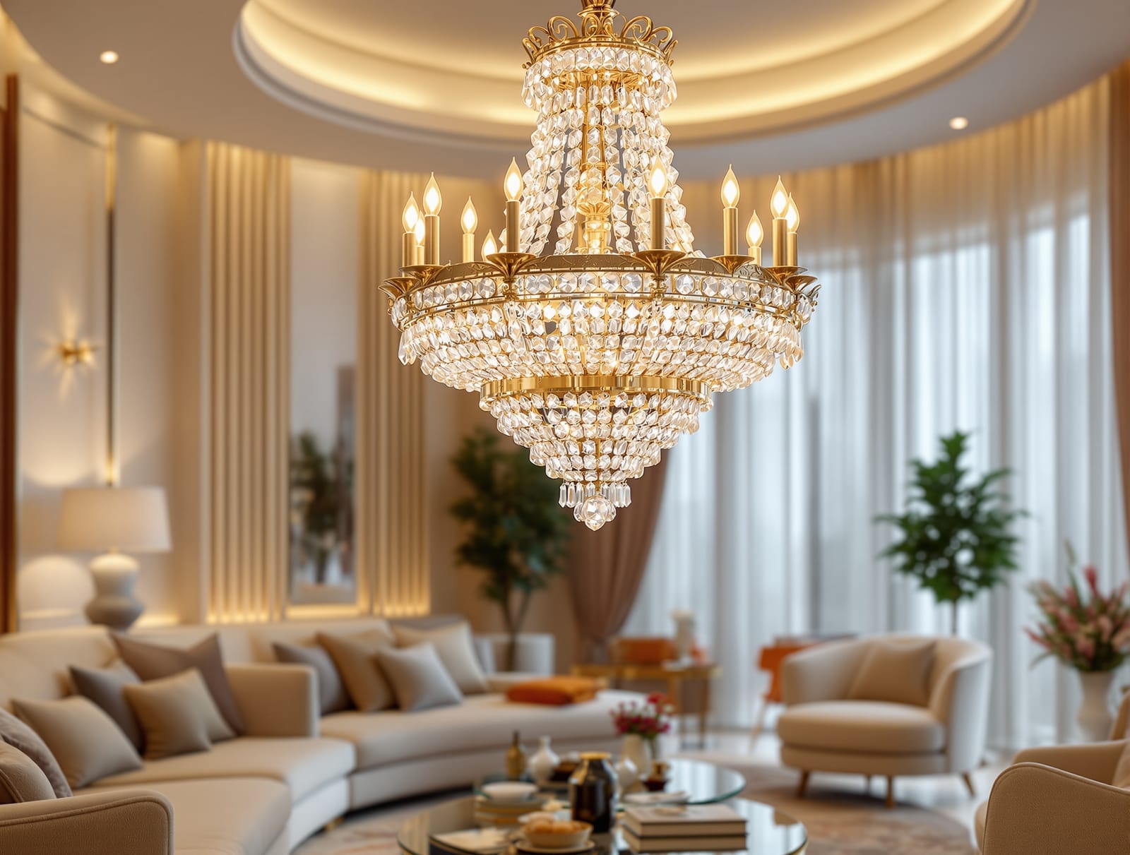A crystal chandelier glowing in a luxury Indian living room