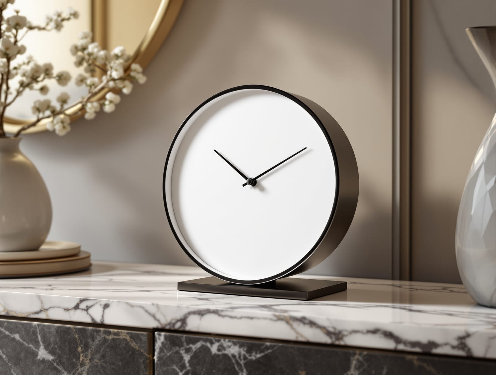 A minimalist designer table clock on a marble console