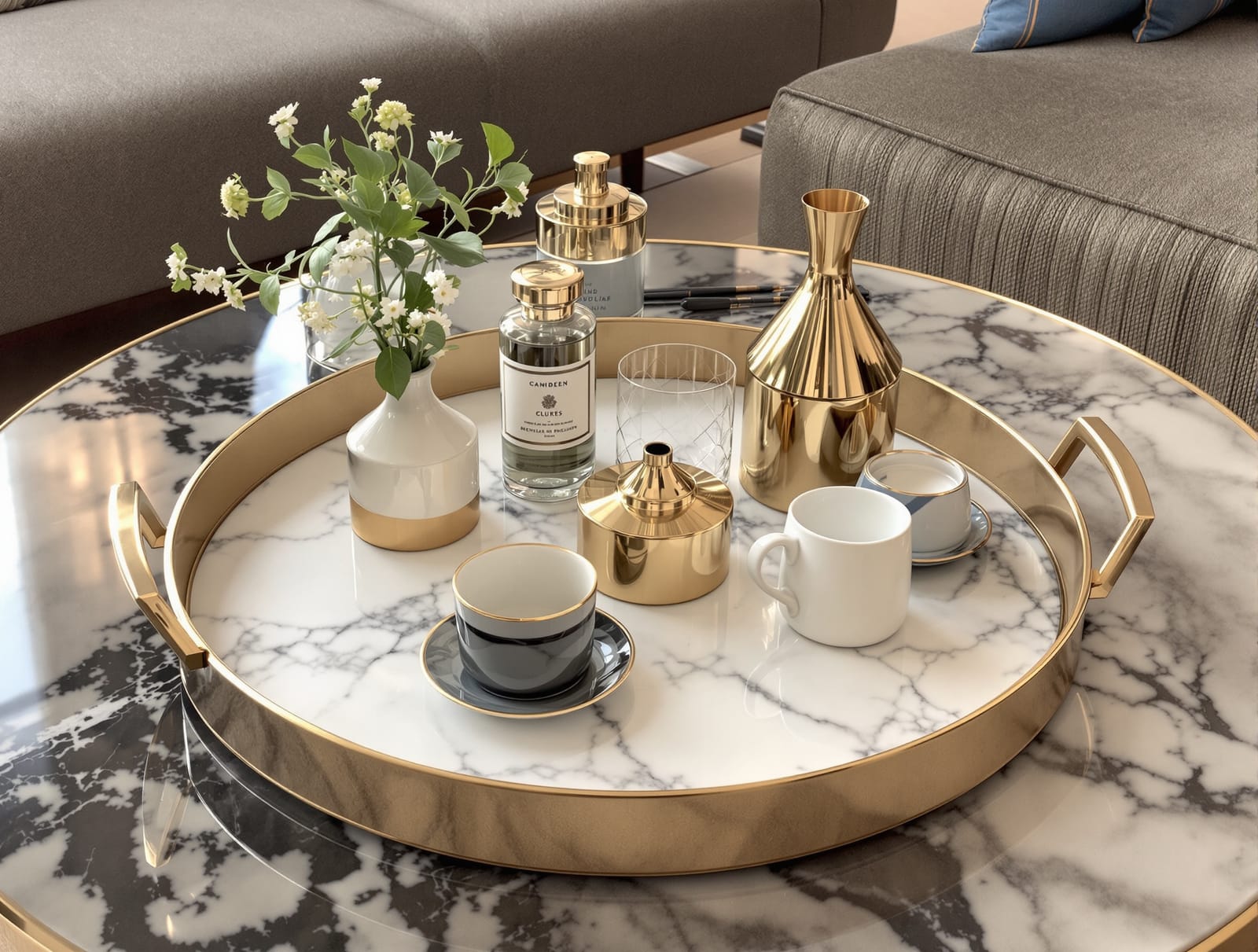 A designer marble and brass tray on a coffee table