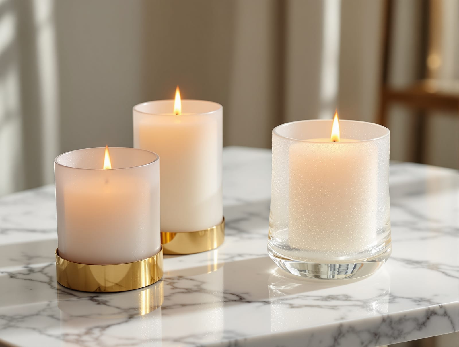Luxury candles in elegant vessels on a marble surface