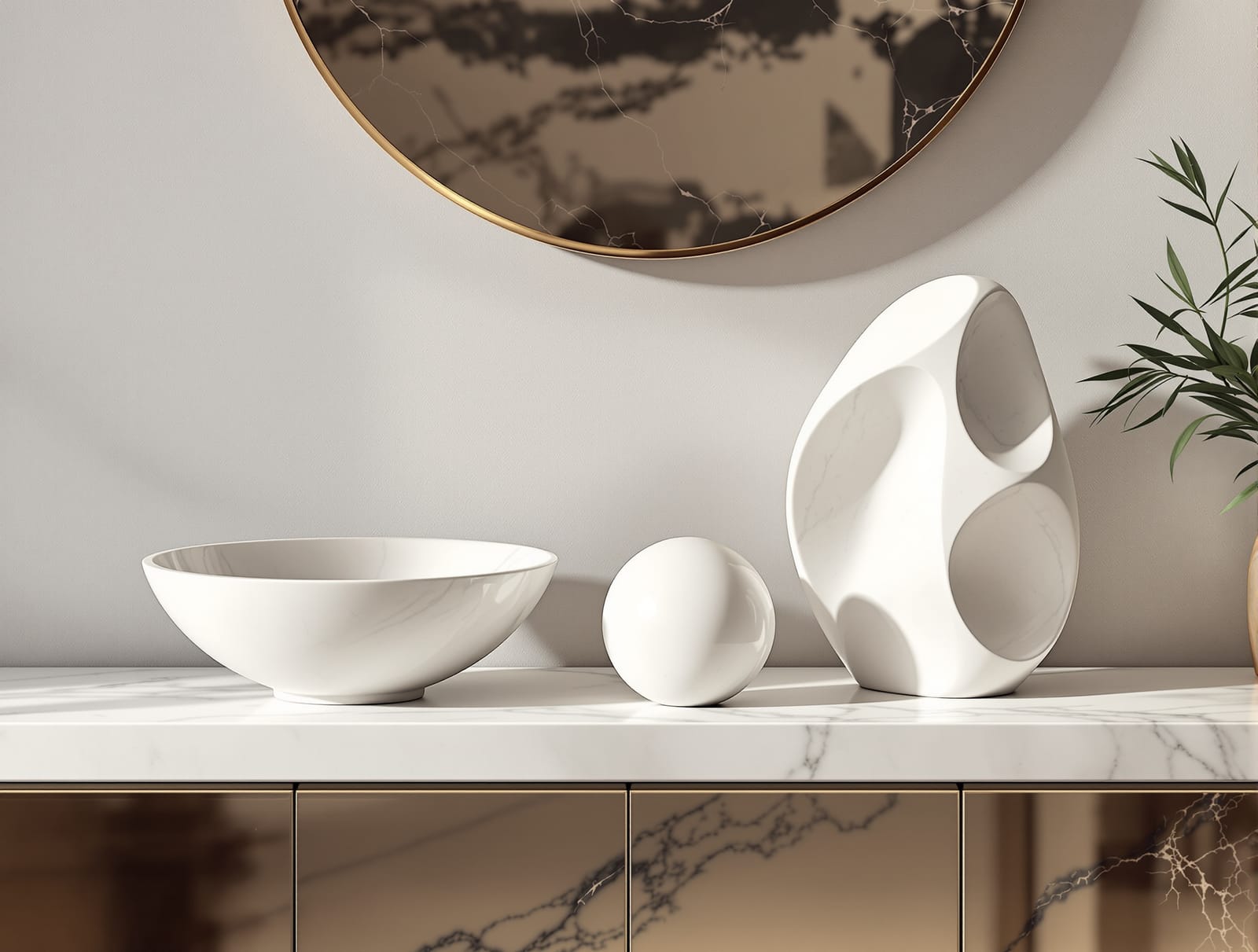 Sculptural marble decorative objects on a console