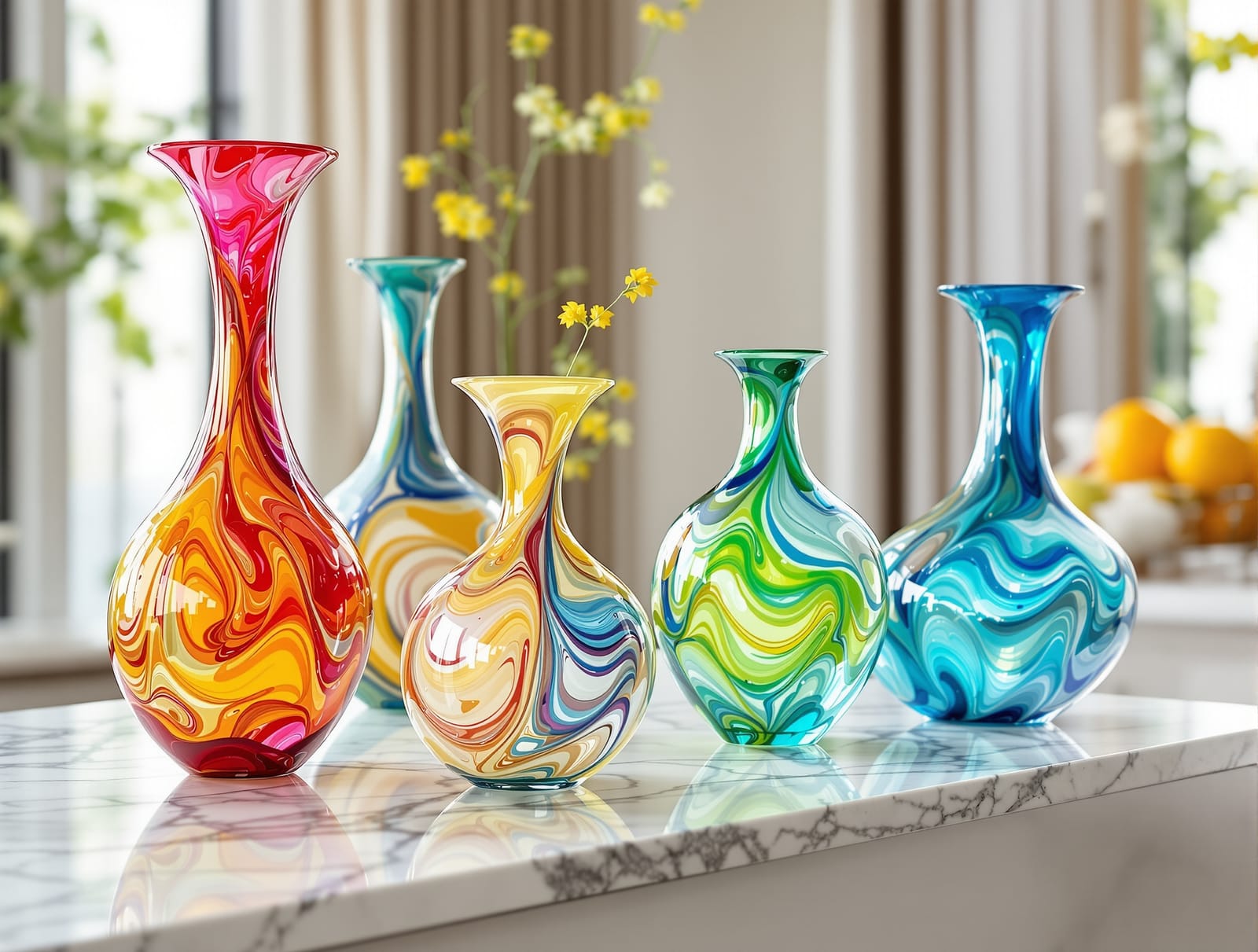Colourful Murano glass objects on a marble surface