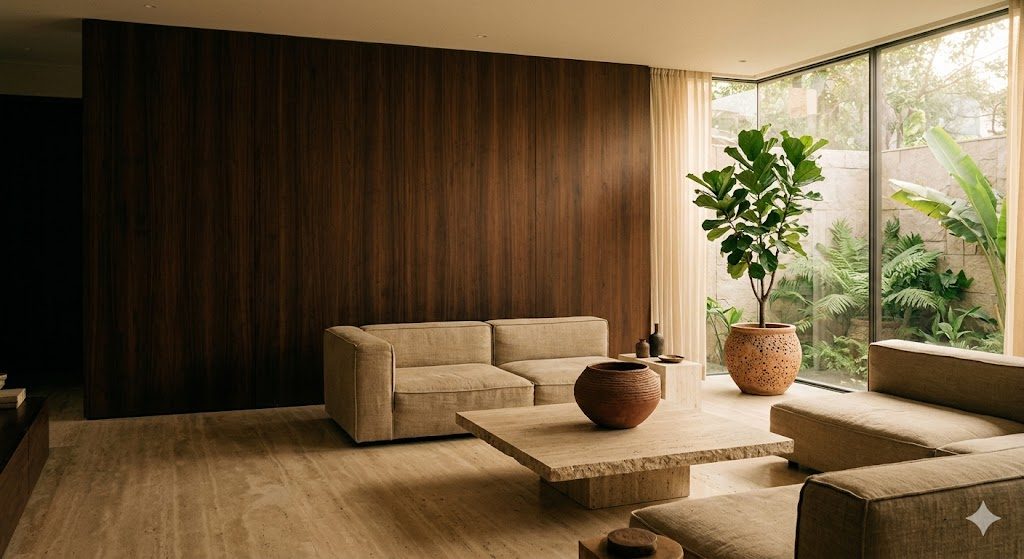 Warm minimalist living room with teak veneer wall, honed travertine, linen sofa, a single handcrafted ceramic vessel and a potted ficus in soft warm light, Indian apartment interior