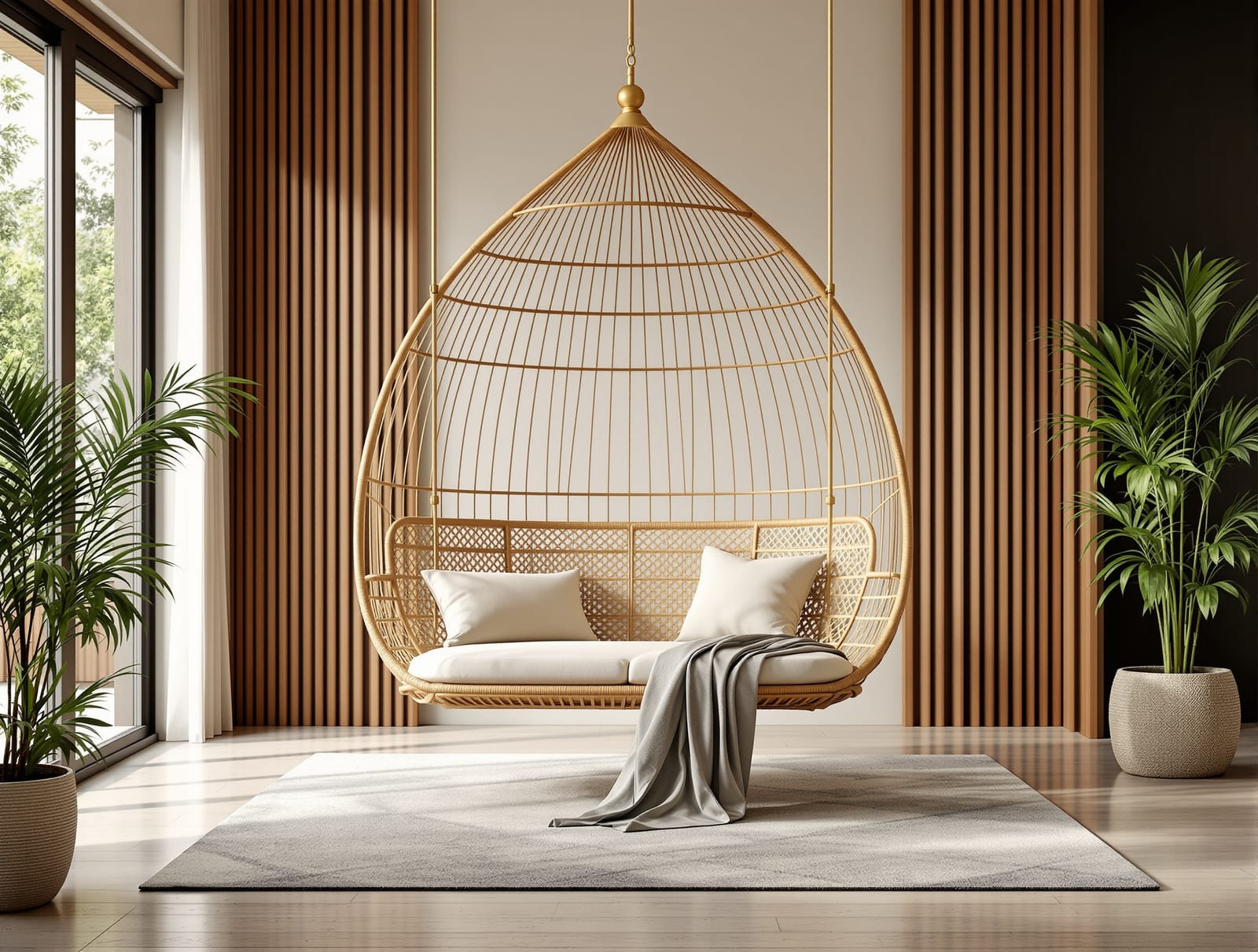 A designer indoor swing jhula in a luxury Indian living room