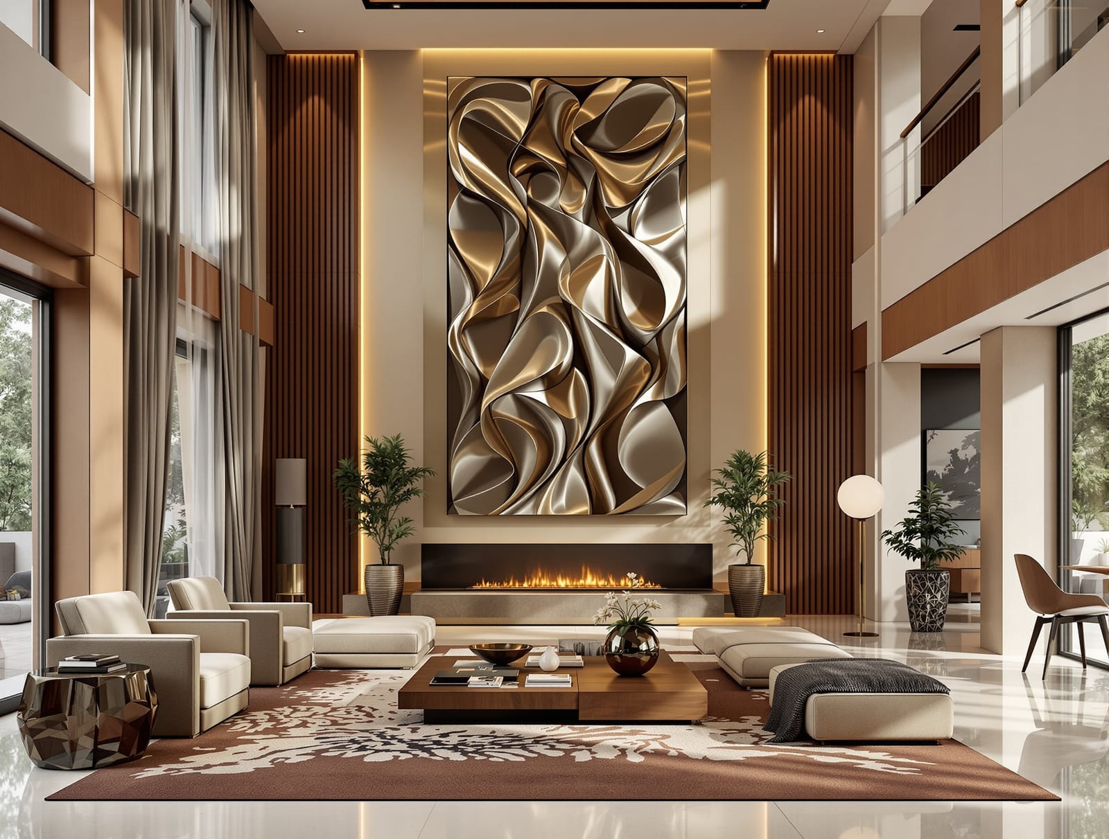 A large feature sculpture in a double-height living room