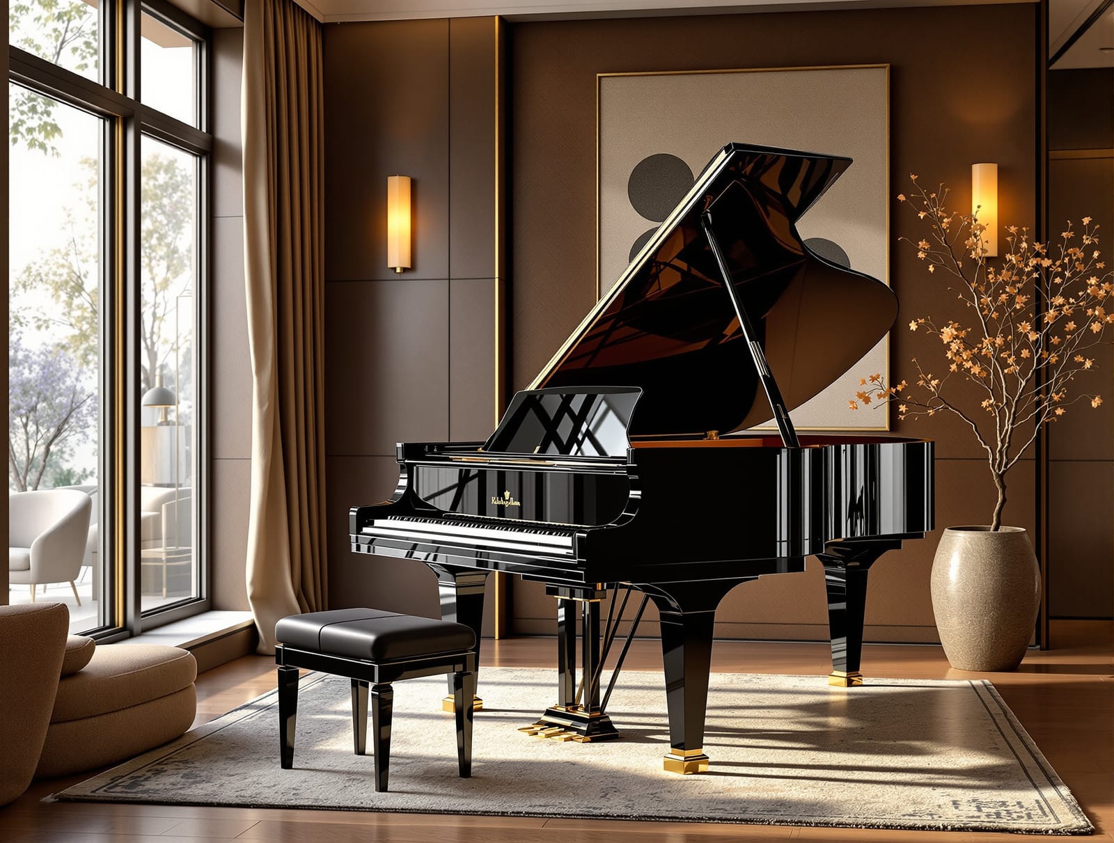 A glossy black grand piano in a luxury Indian living room