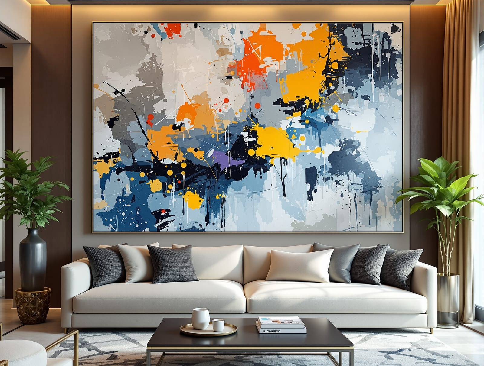 An oversized abstract painting above a sofa in a luxury living room