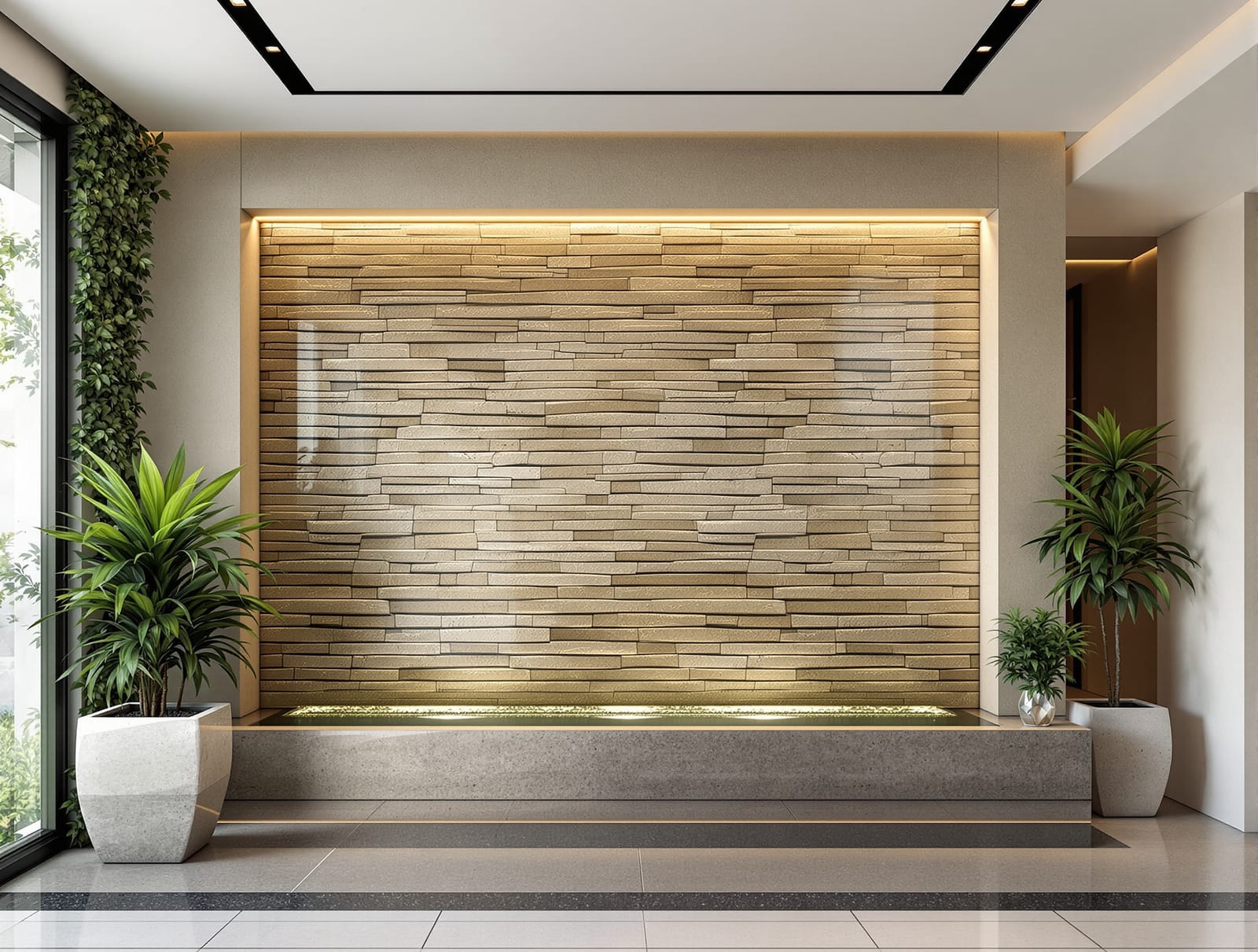 An indoor stone water wall feature in a luxury Indian home
