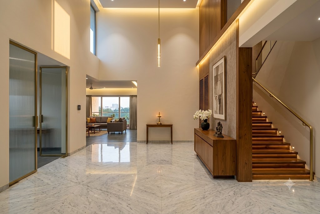 Photograph of a grand entry foyer of a luxury Indian villa with Carrara Italian marble flooring polished to high gloss reflecting the double-height ceiling above, a single contemporary linear brass chandelier hanging four metres down from the ceiling at the centre of the foyer, a long Burma teak console table against the right wall holding three decorative objects including a brass diya a black ceramic vase with white orchids and a small bronze sculpture, an oversized abstract artwork in muted earth tones on the wall above the console, a fluted glass door on the left leading to the formal living room with a glimpse of furniture beyond, a teak staircase rising on the right with a continuous brass handrail, soft warm three thousand kelvin downlighting from concealed cove fixtures along the ceiling perimeter, and late-afternoon natural light entering from a slot window high on the left