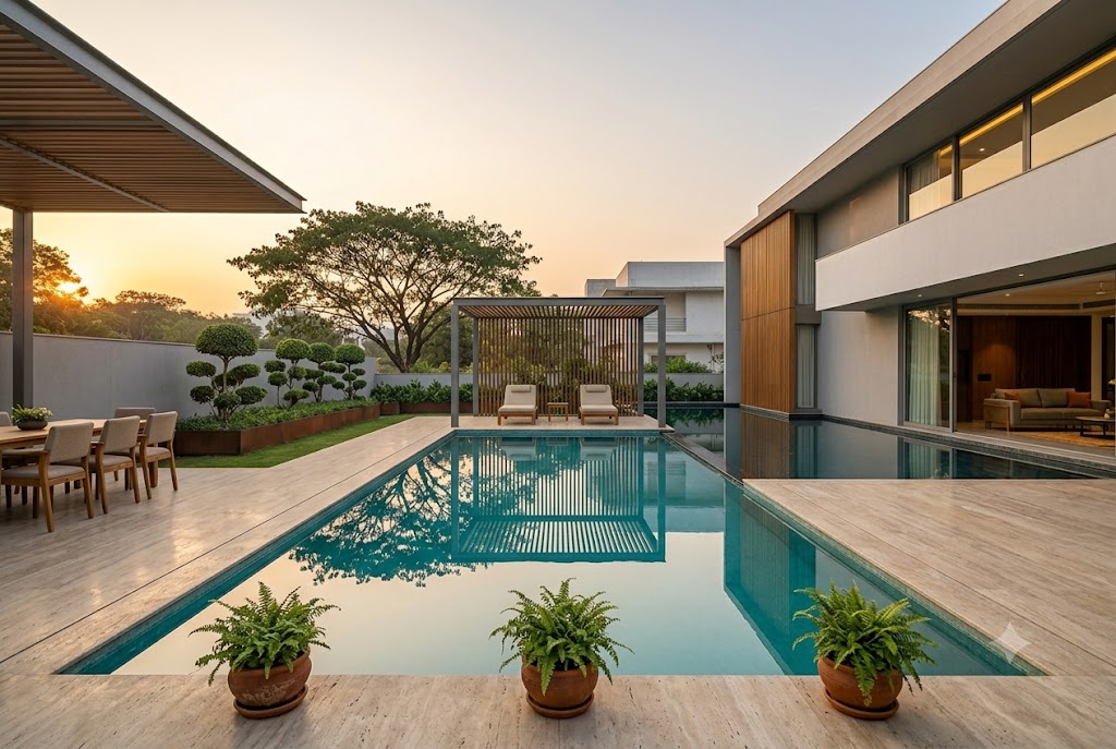 Wide-angle photograph of a private luxury villa swimming pool of thirty by twelve feet surrounded by a travertine stone deck, the pool water still and turquoise reflecting the late-afternoon sky and a single rain tree silhouette, two teak loungers with cream cushions placed under a steel-and-teak pergola at the far end of the pool, three small terracotta planters of fern along the deck edge, manicured Japanese-style topiary in low corten-steel planters lining the boundary, and a glimpse of the villa's contemporary teak louvre facade and full-height picture windows visible at the rear of the frame with a faint outdoor dining table for six at the far left under soft warm golden-hour light from the left side