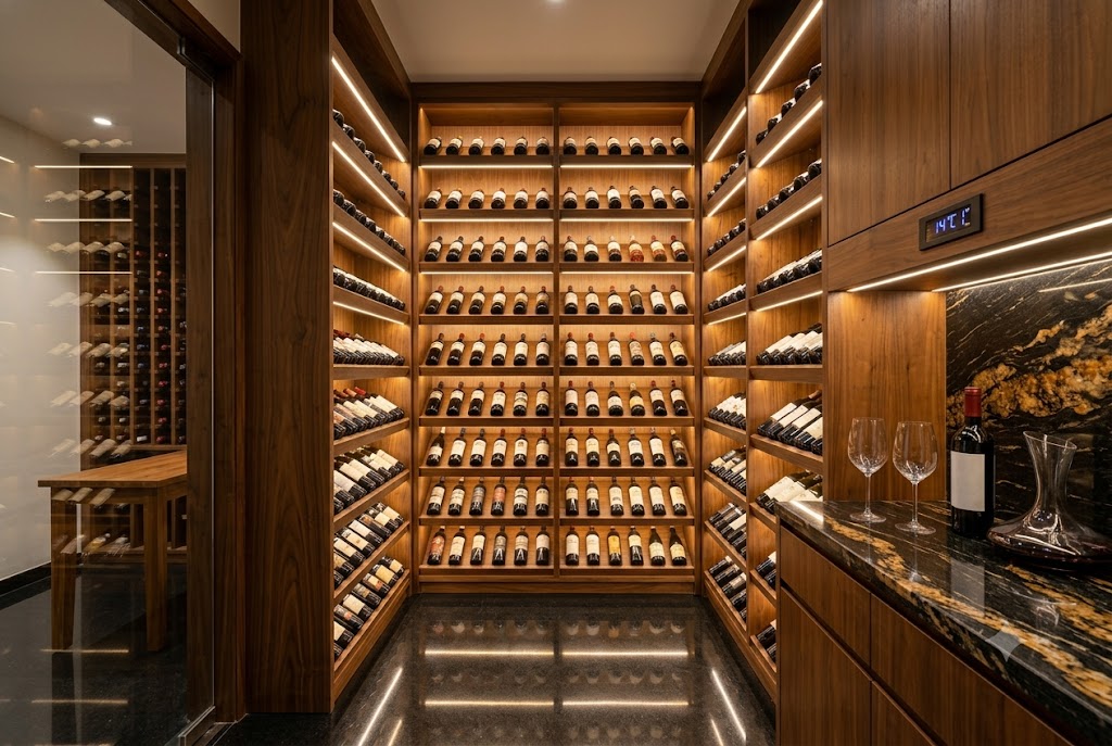 Interior photograph of a luxury Indian villa wine cellar at the basement level — a temperature-controlled room with walnut wood diagonal-rack wall systems holding approximately six hundred wine bottles each in individual cradles, soft warm two thousand seven hundred kelvin LED strip lighting along the underside of each rack revealing the rich tones of the walnut, a black-and-amber marble counter on the right side holding two wine glasses and a single bottle being decanted, a glass door on the left side allowing a glimpse of the adjacent cellar room beyond, polished black granite flooring reflecting the warm light softly, and a digital temperature display showing fourteen degrees Celsius plus or minus one degree on the right wall