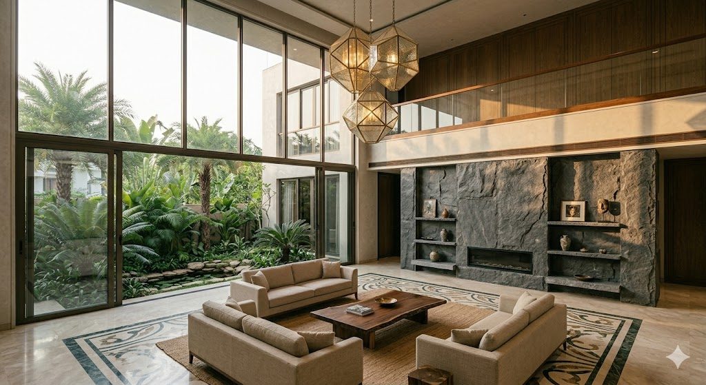 Documentary photograph of a composed double-height living volume in an Indian luxury villa, full-height sliding glass opening to a garden, a tall stone feature wall, a sculptural pendant in the void and a mezzanine gallery edge above