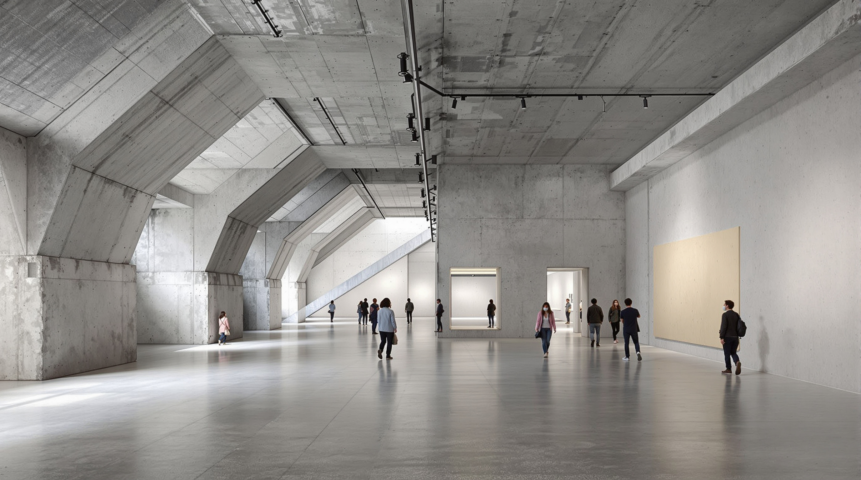 The raw concrete Found Space at M+: a cavernous double-height gallery below ground level, its rough board-marked walls and exposed structure shaped by the diagonal line of the MTR railway tunnels, a large-scale contemporary installation occupying the space