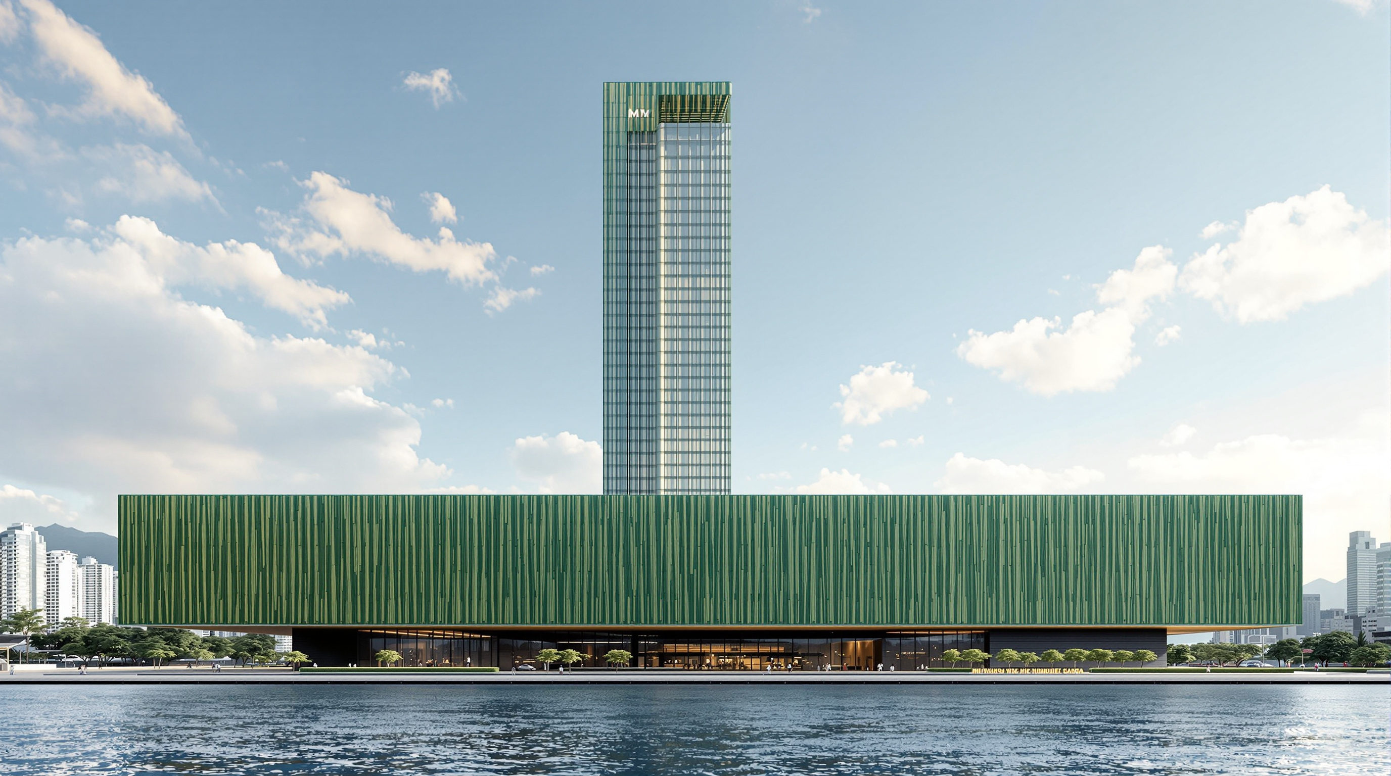 The dark-green ribbed ceramic tile facade of the M+ tower in daylight, its fine vertical bamboo-like texture catching the sun above Victoria Harbour, the slender research tower rising from the long horizontal gallery podium