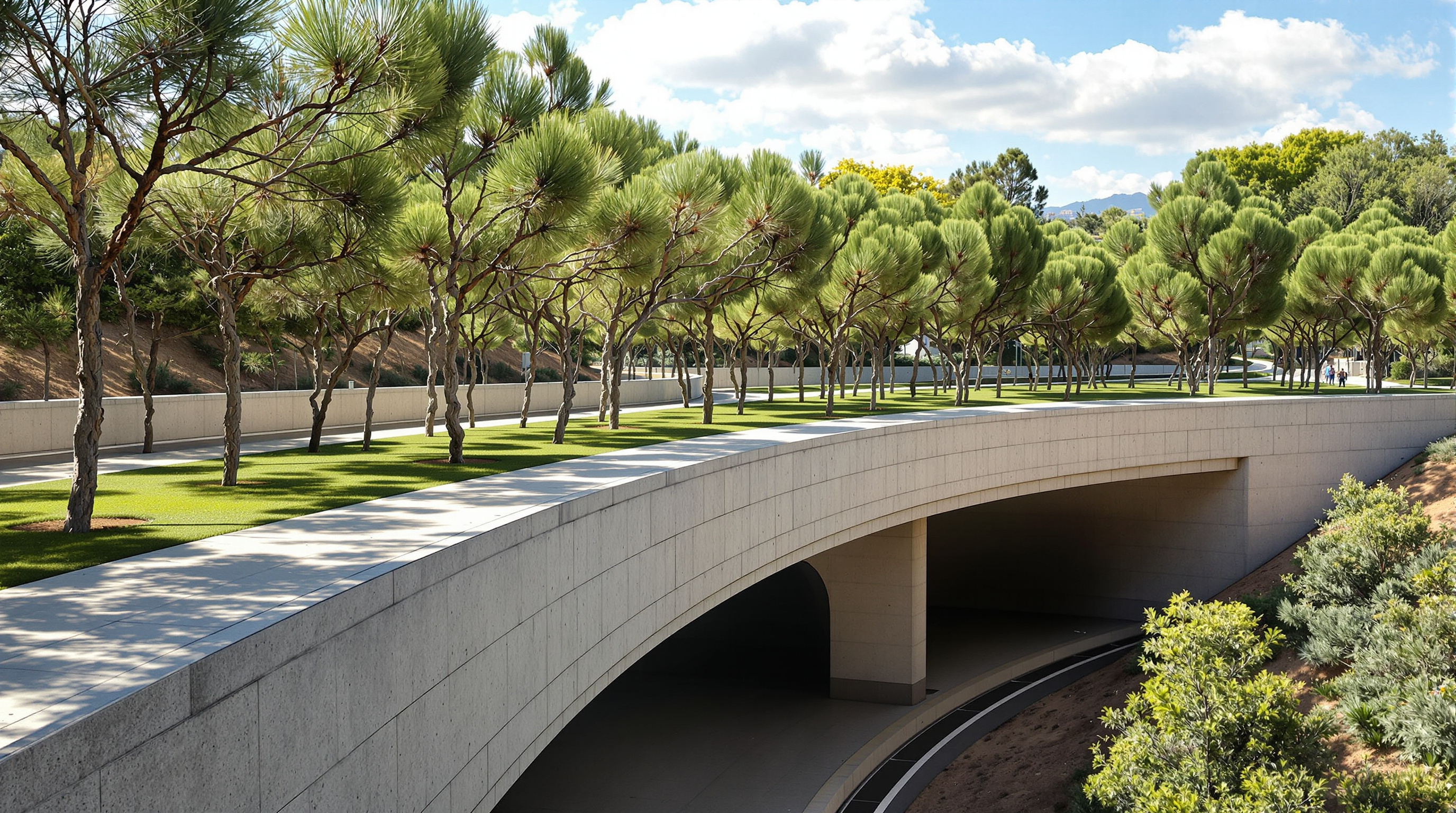 The Salón de Pinos at Madrid Río: a long grove of Mediterranean pine trees in loose clusters planted over the M-30 tunnel deck, with a curving pedestrian path winding between them and low retaining walls, dappled shade on the ground
