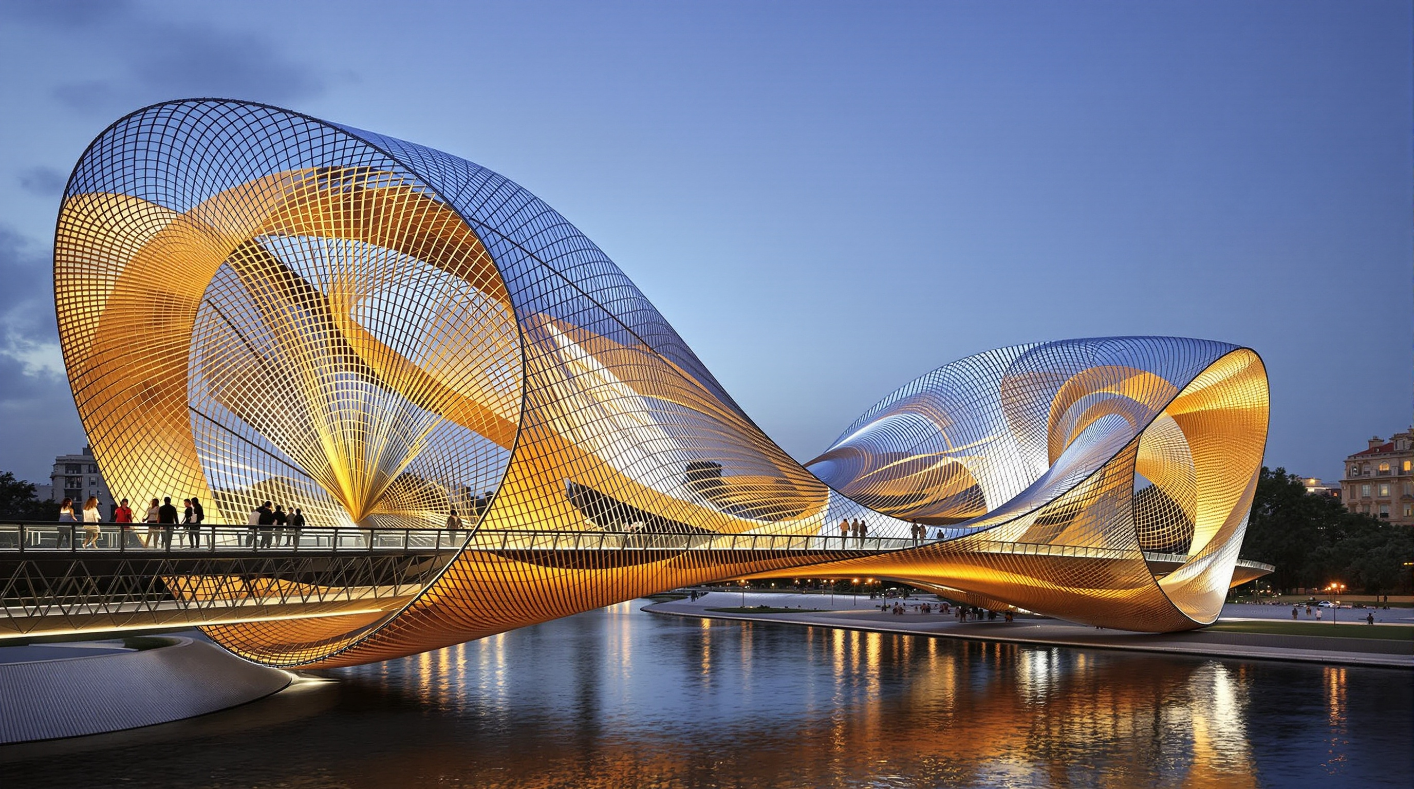 The Arganzuela Footbridge by Dominique Perrault at Madrid Río, two large spiralling cones clad in silver and gold steel mesh crossing the Manzanares River, pedestrians walking through the tunnel-like structure at dusk with the park lit below