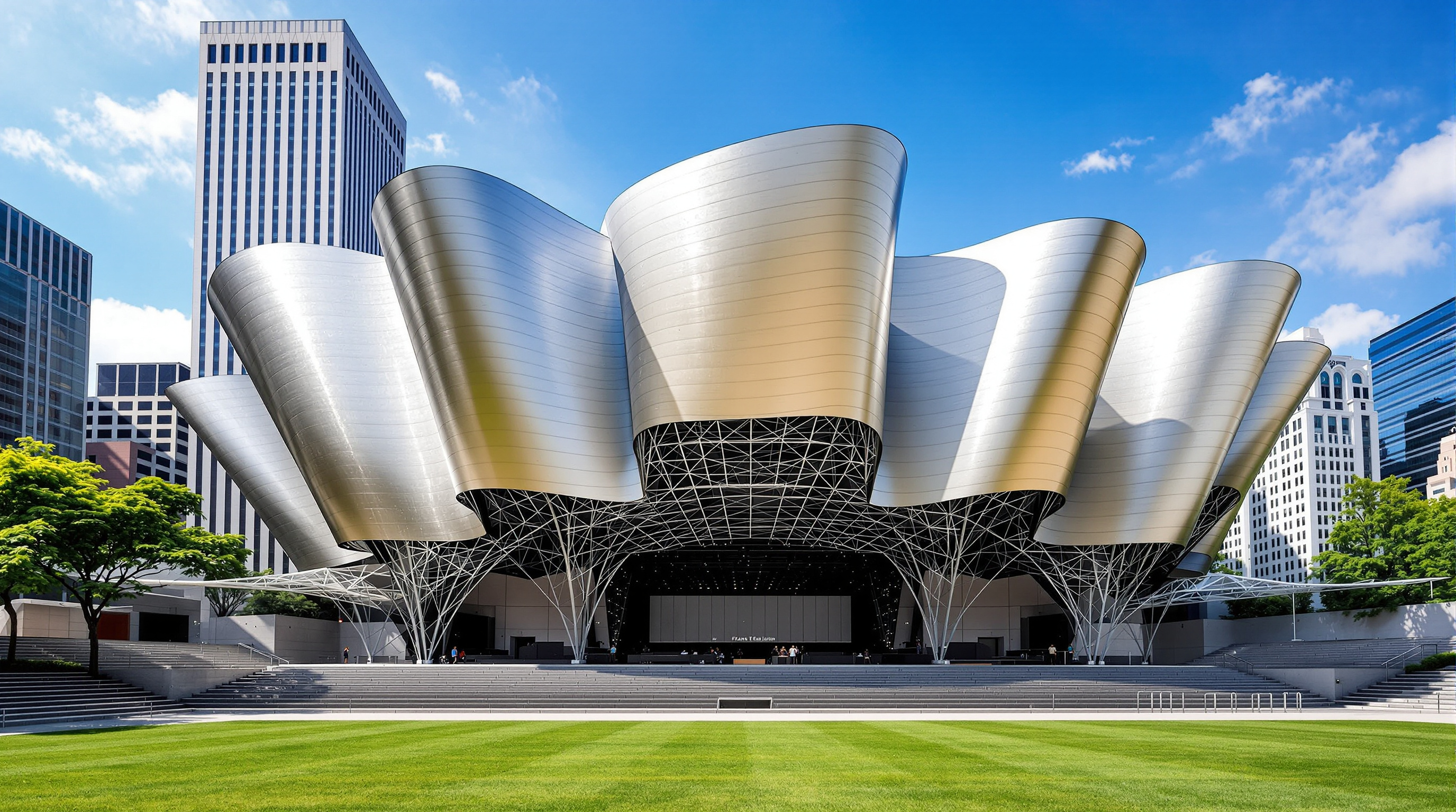 Frank Gehry's Jay Pritzker Pavilion seen head-on, its towering brushed-stainless-steel ribbons curling outward around the stage like a metallic headdress, the steel-pipe trellis arching over the green lawn and rows of fixed seats