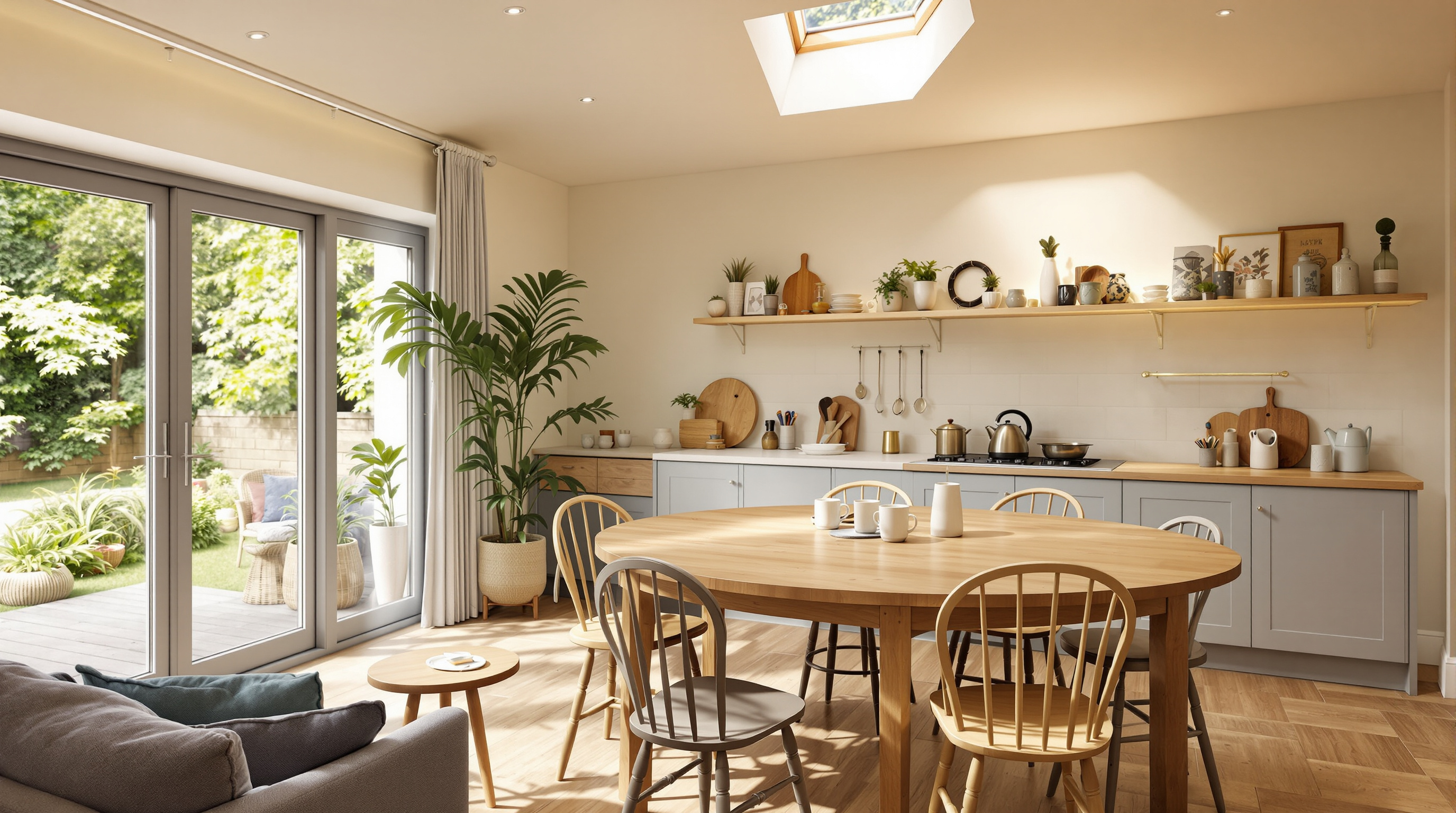 The kitchen at the heart of a Maggie's Centre: a large solid-timber table, mismatched comfortable chairs, a kettle and mugs on an open worktop, soft daylight from a skylight and a glazed wall giving directly onto greenery