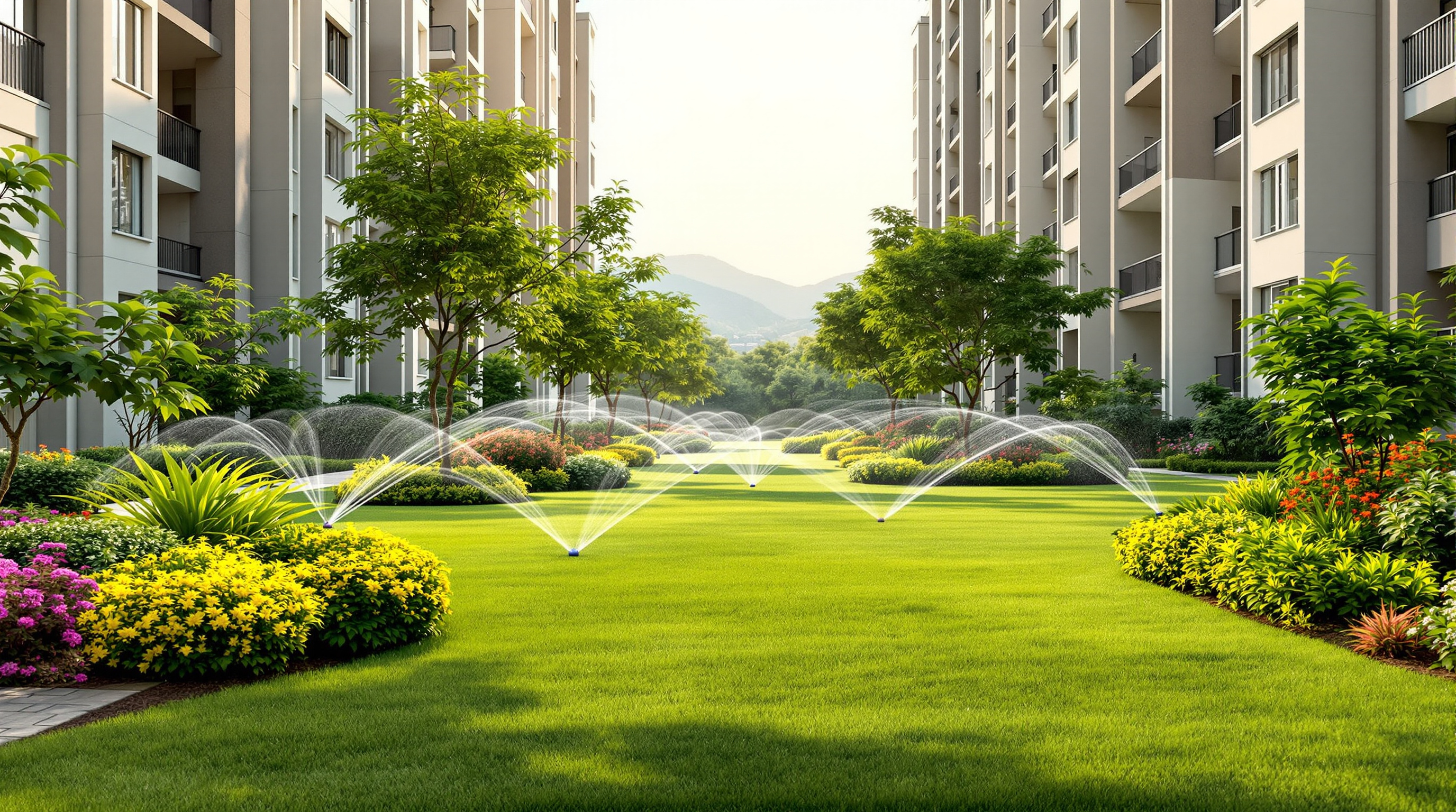 Treated water from a housing-society STP being used to irrigate a green landscaped garden in a Maharashtra apartment complex