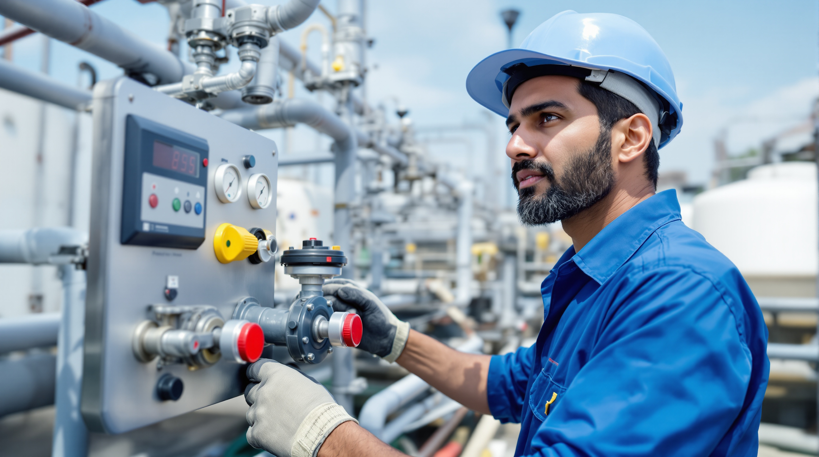 An Indian STP operator inspecting flow meters and control panel gauges at a sewage treatment plant