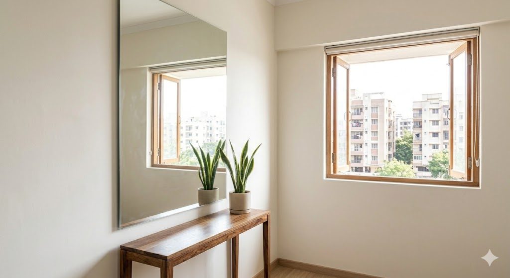 A tall frameless mirror placed opposite a bright window in a small Indian apartment, reflecting the daylight and the view back into the room and doubling the sense of depth