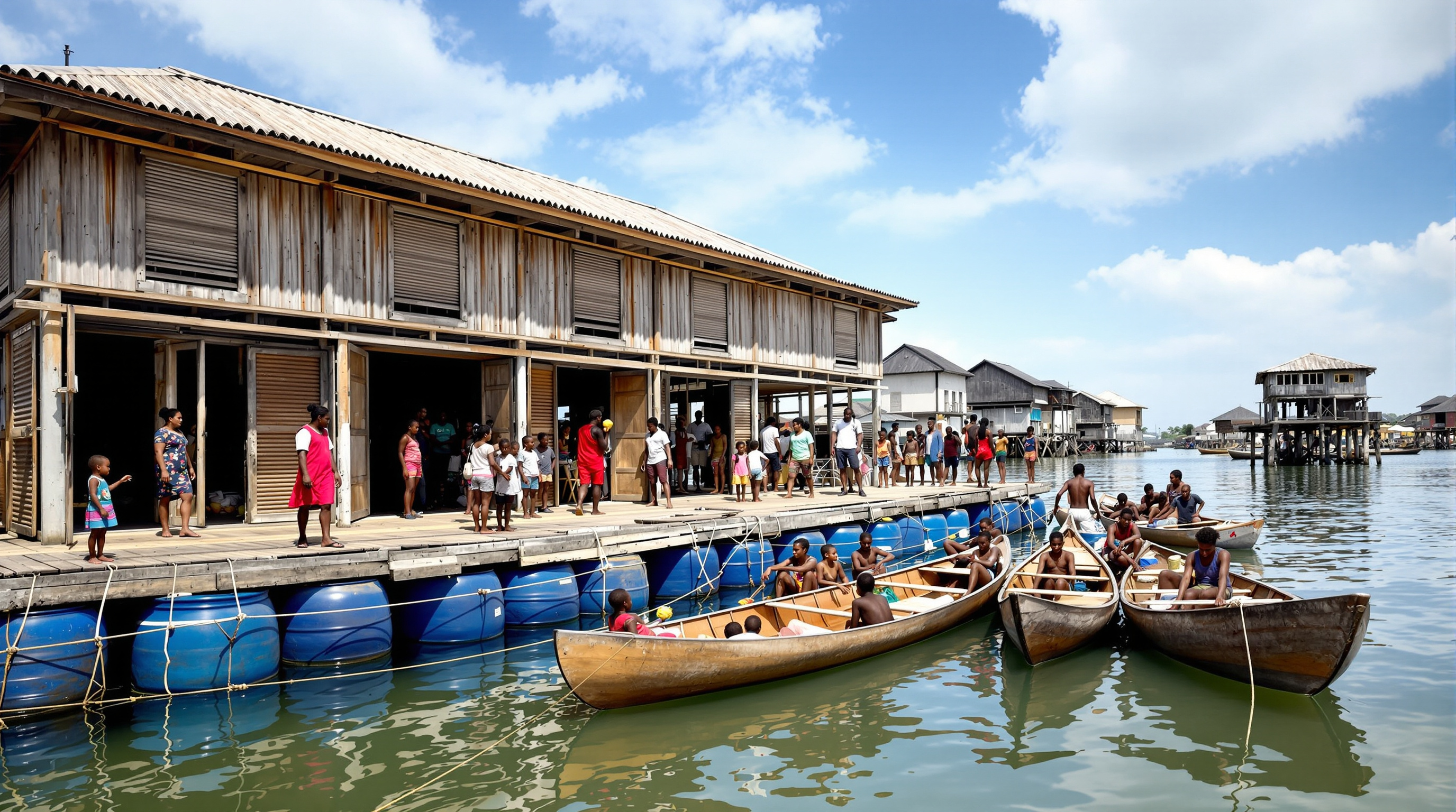 Children and teachers gathered on the open lower deck of the Makoko Floating School, dugout canoes tied alongside, the blue barrel pontoon visible at the waterline and stilt houses of the community behind