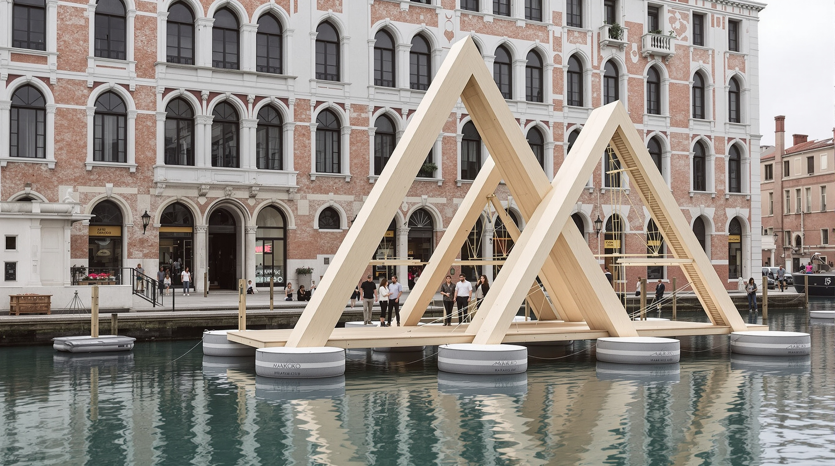 The Makoko Floating School II reconstructed on the water at the Venice Architecture Biennale, its refined triangular timber frame reflected in the calm canal, elegant and precise against the historic Venetian backdrop