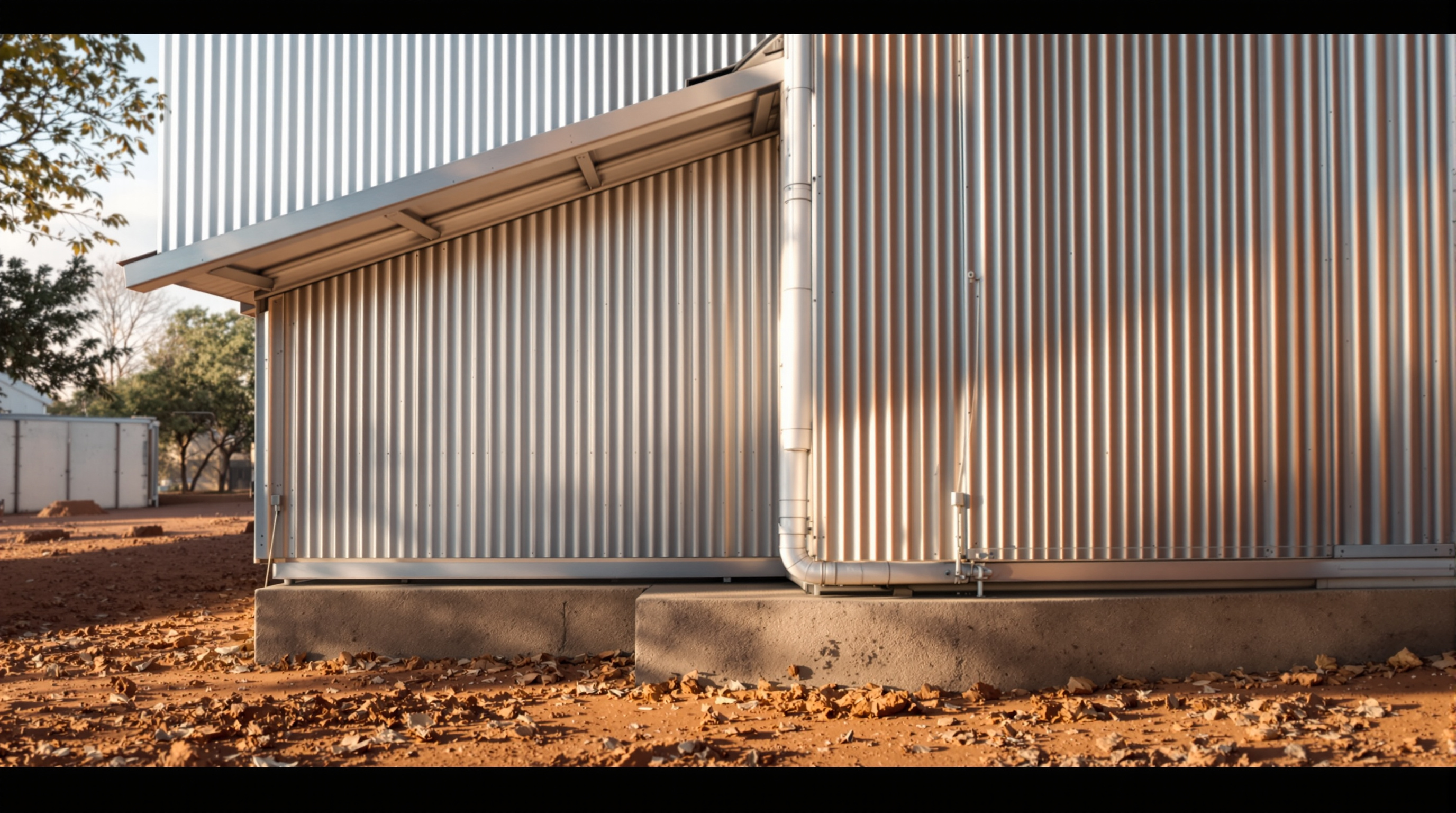 Close-up of the Mamelodi POD's gable end: a white 1,000-litre plastic water tank fed by a downpipe from the monopitch corrugated-zinc roof, a small solar panel angled on the ridge above, the raised concrete plinth visible at the base against bare red settlement soil