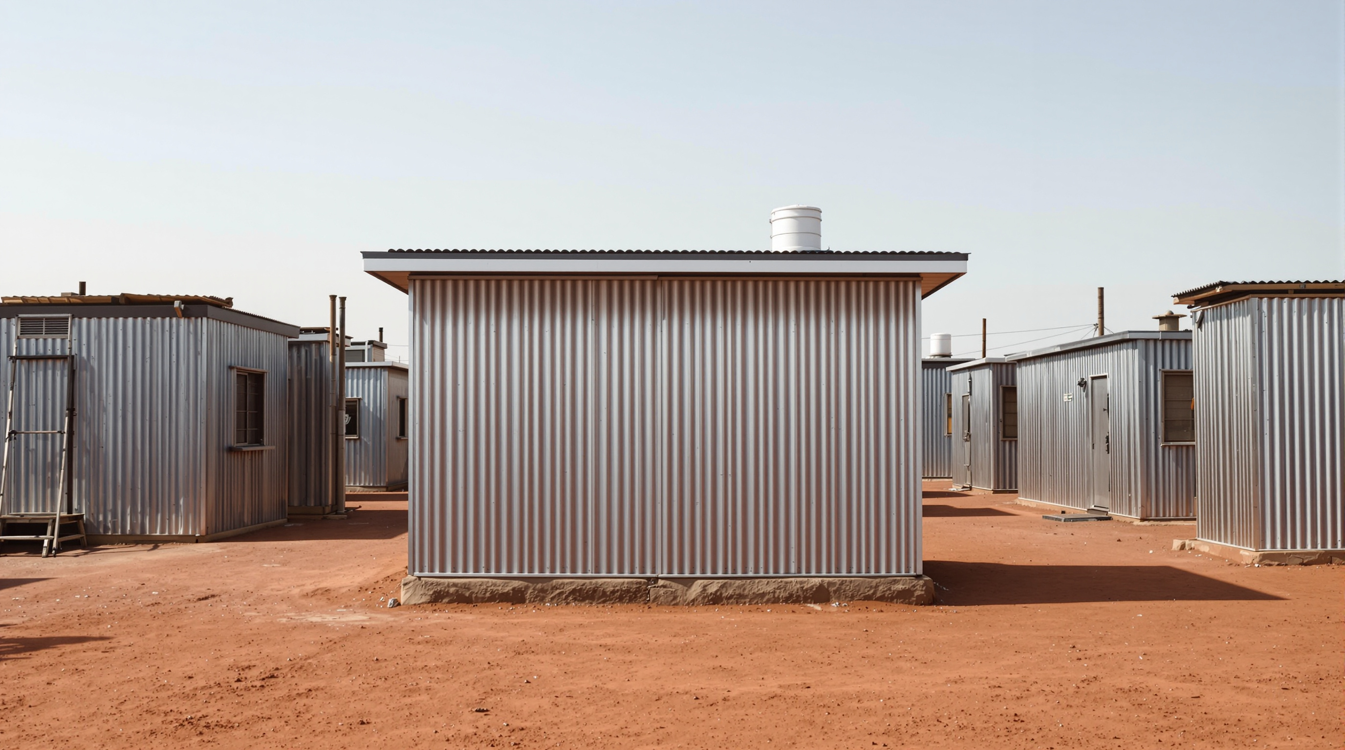 The single Mamelodi POD prototype standing among the self-built corrugated-zinc shacks of the informal settlement, almost indistinguishable in silhouette and material from its neighbours, distinguished only by its crisp overhang, rooftop solar panel and water tank, under a wide highveld sky